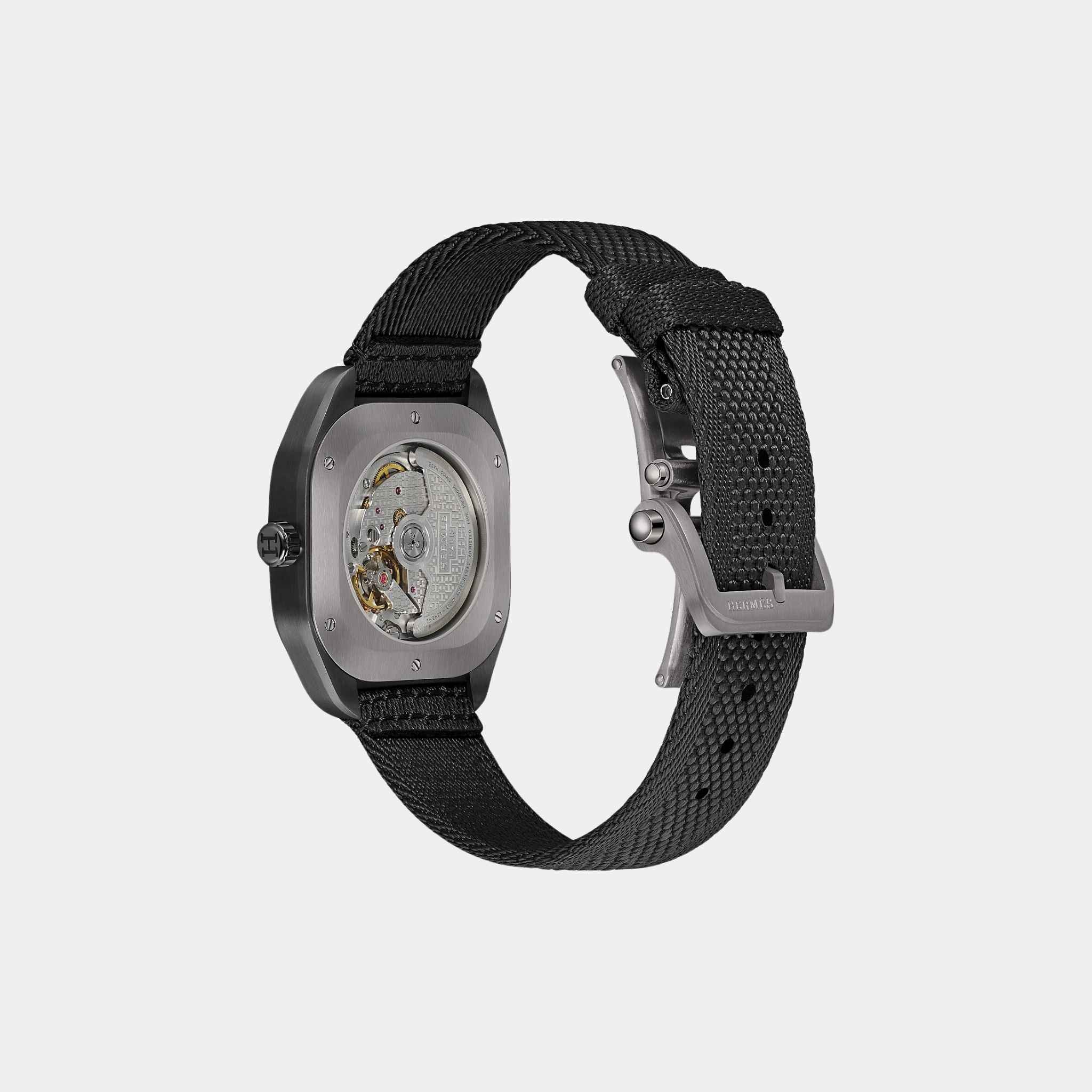 Hermes H08 Matte Black Satin-Finish Titanium Watch With Webbing Strap, Back