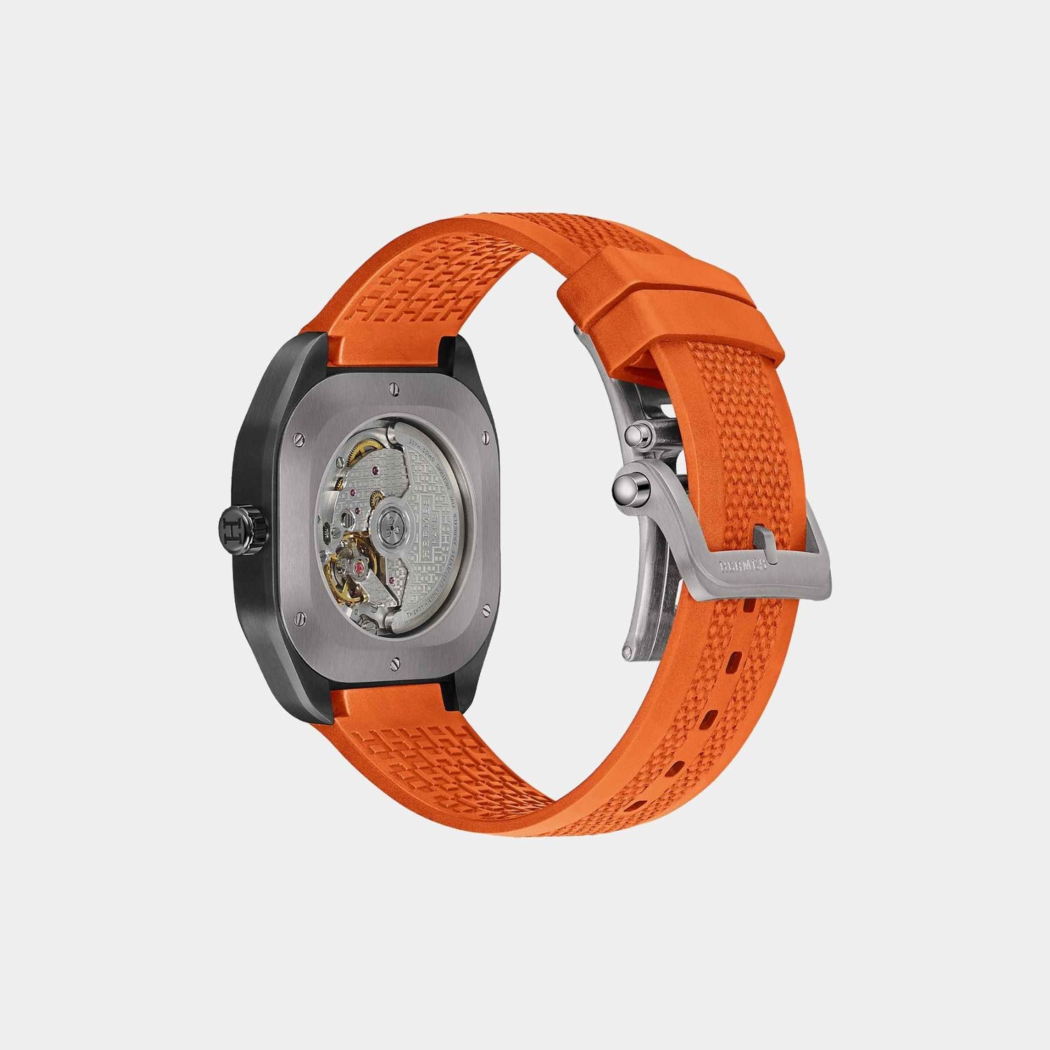 Hermes H08 Matte Black Titanium Watch With Orange Rubber Strap, Back