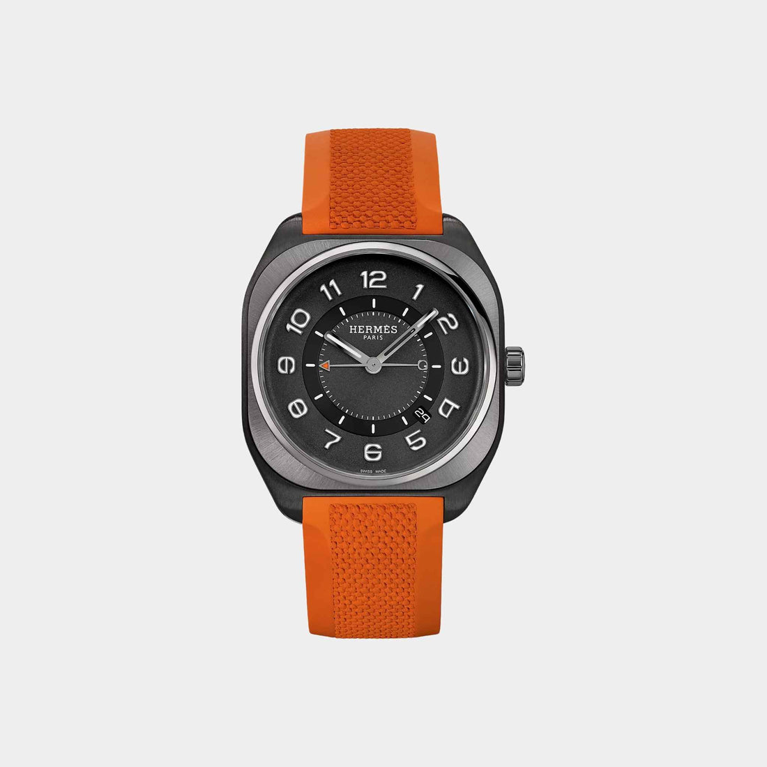 Hermes H08 Matte Black Titanium Watch With Orange Rubber Strap, Front