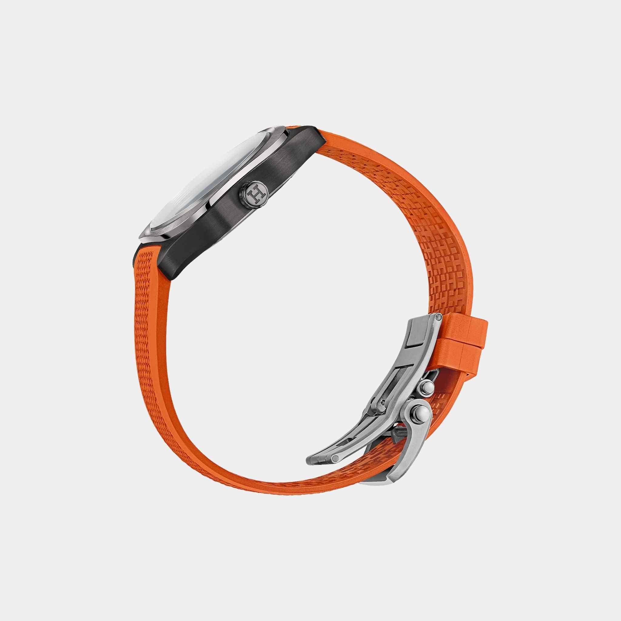 Hermes H08 Matte Black Titanium Watch With Orange Rubber Strap, Side