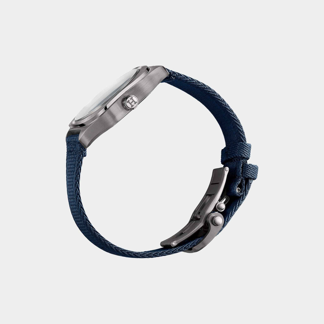 Hermes H08 Titanium Watch With Blue Webbing Strap, Side