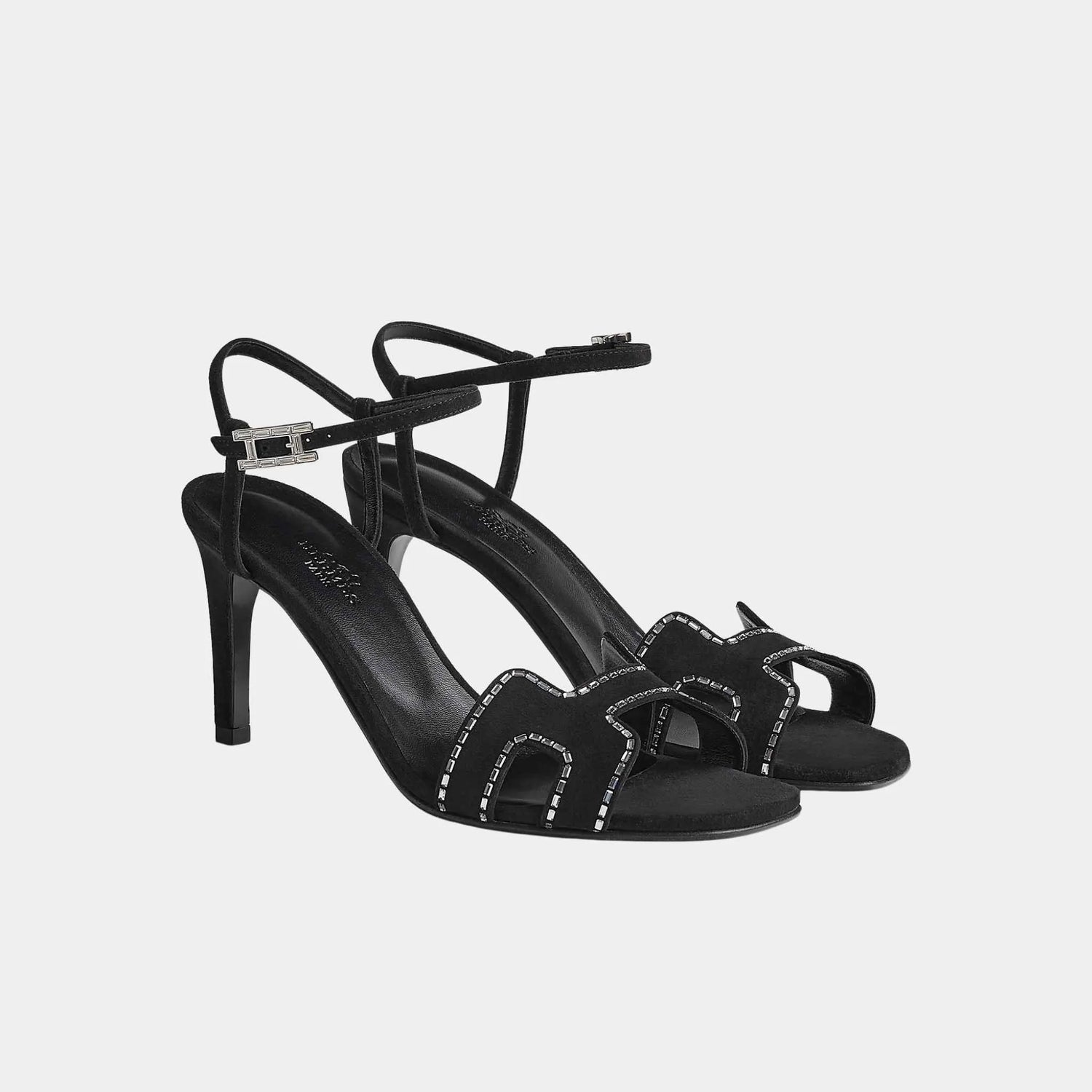 Hermes Heden 80 Sandal Suede Goatskin With Rhinestone Details Noir, Front