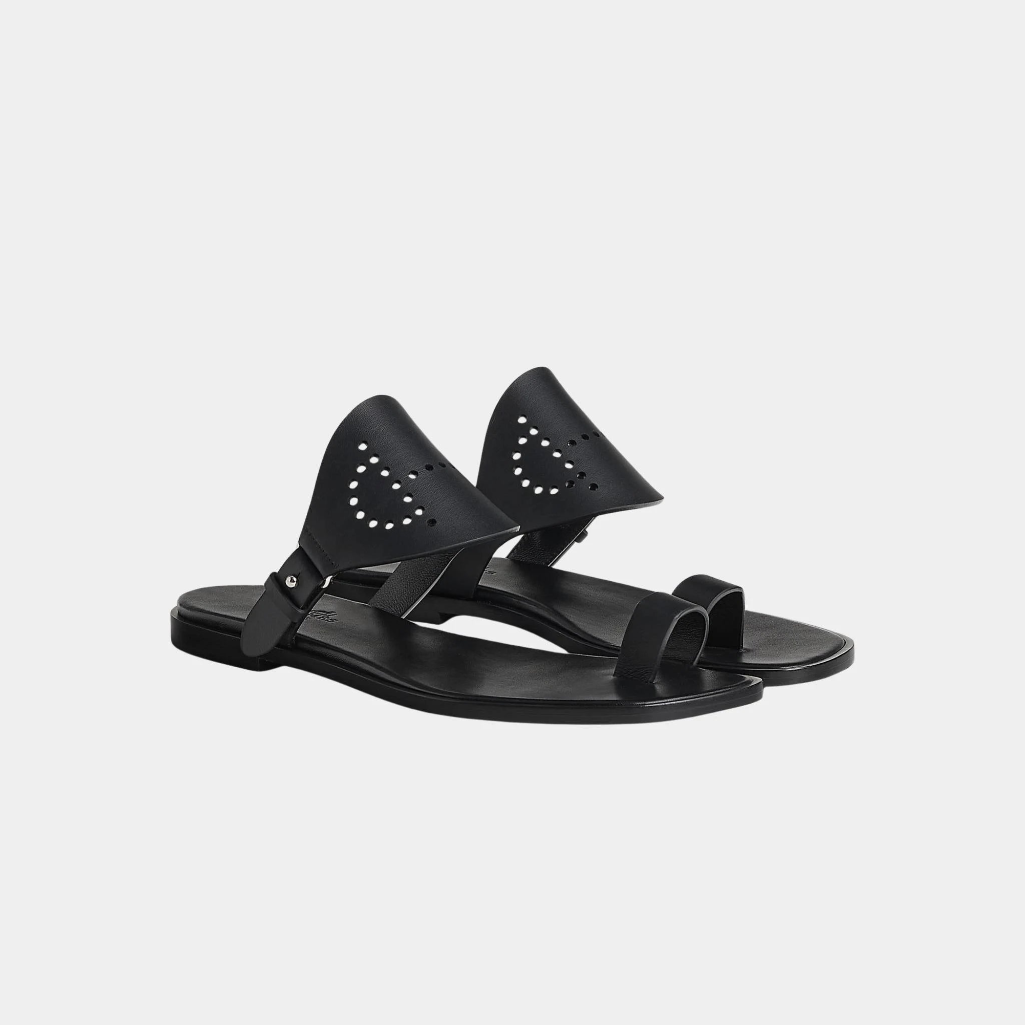 Hermes Hera Sandal Calfskin With Perforations, Noir, Front
