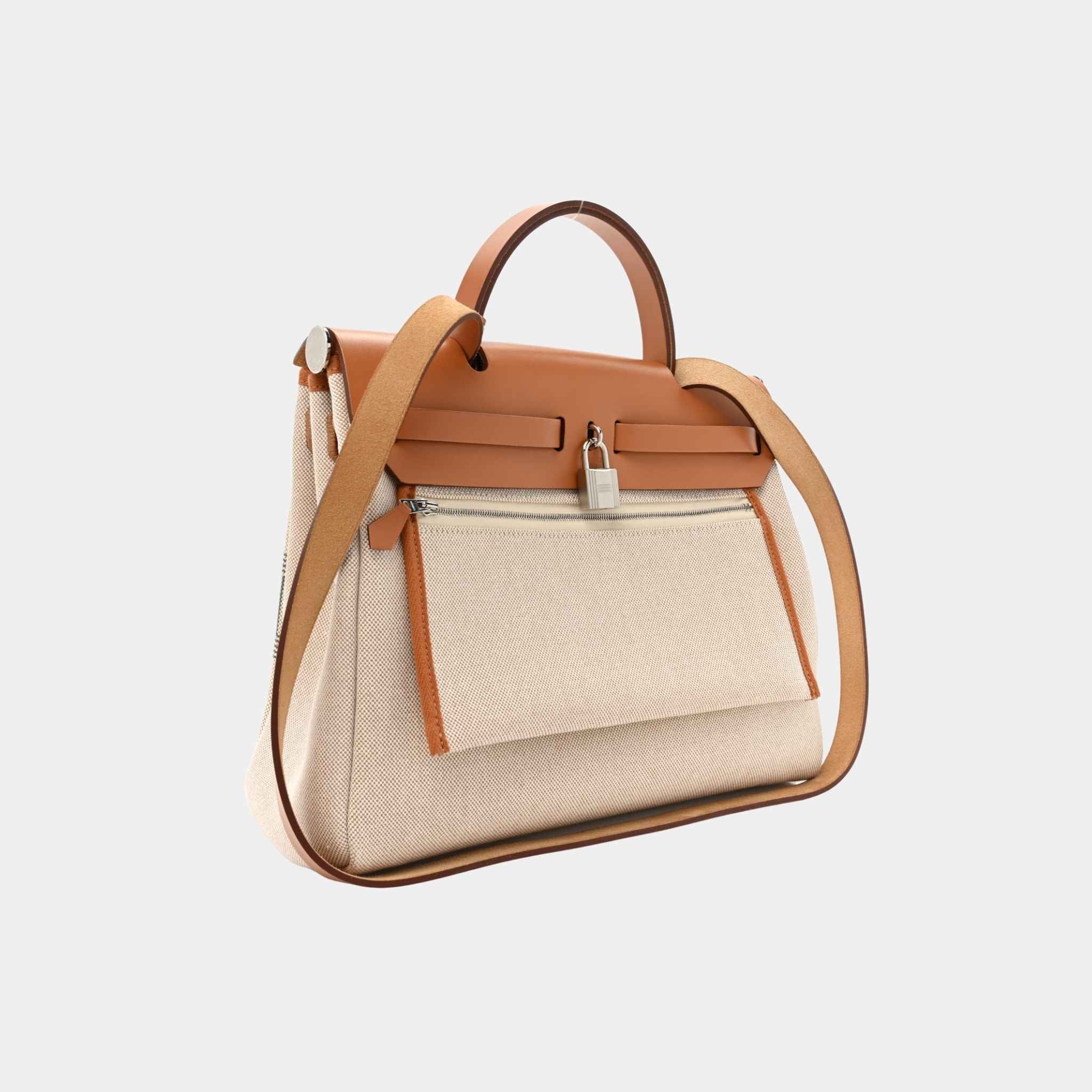 Hermes Herbag Circuit 24 31 Toile Vache Hunter Gris Meyer Ecru Beige Naturel, Back