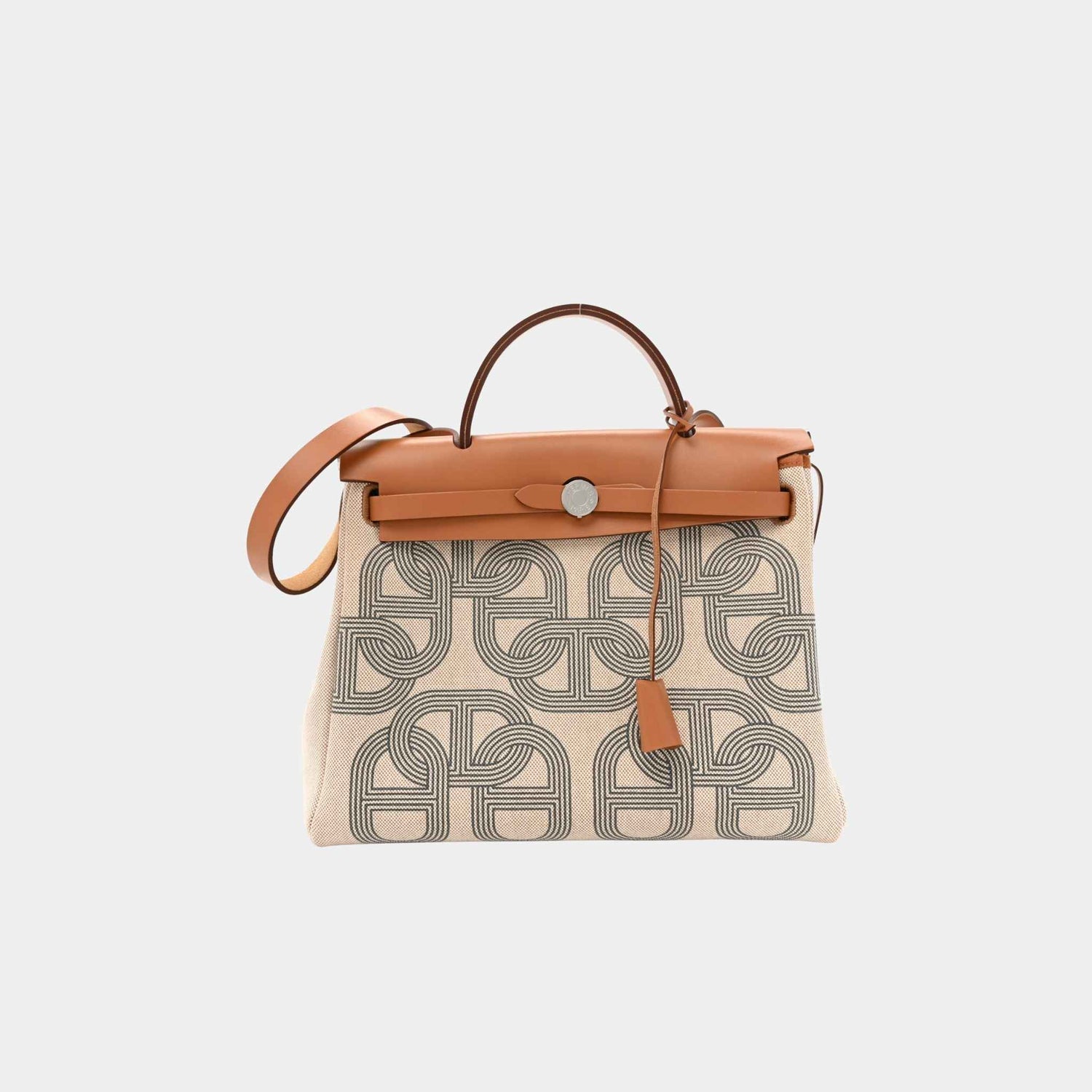 Hermes Herbag Circuit 24 31 Toile Vache Hunter Gris Meyer Ecru Beige Naturel, Front