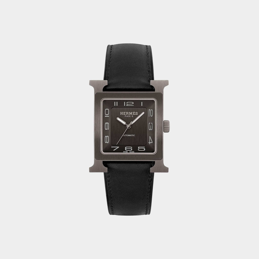 Hermes Heure H 34 mm Titanium Watch With Black Barenia Calfskin Strap, Front