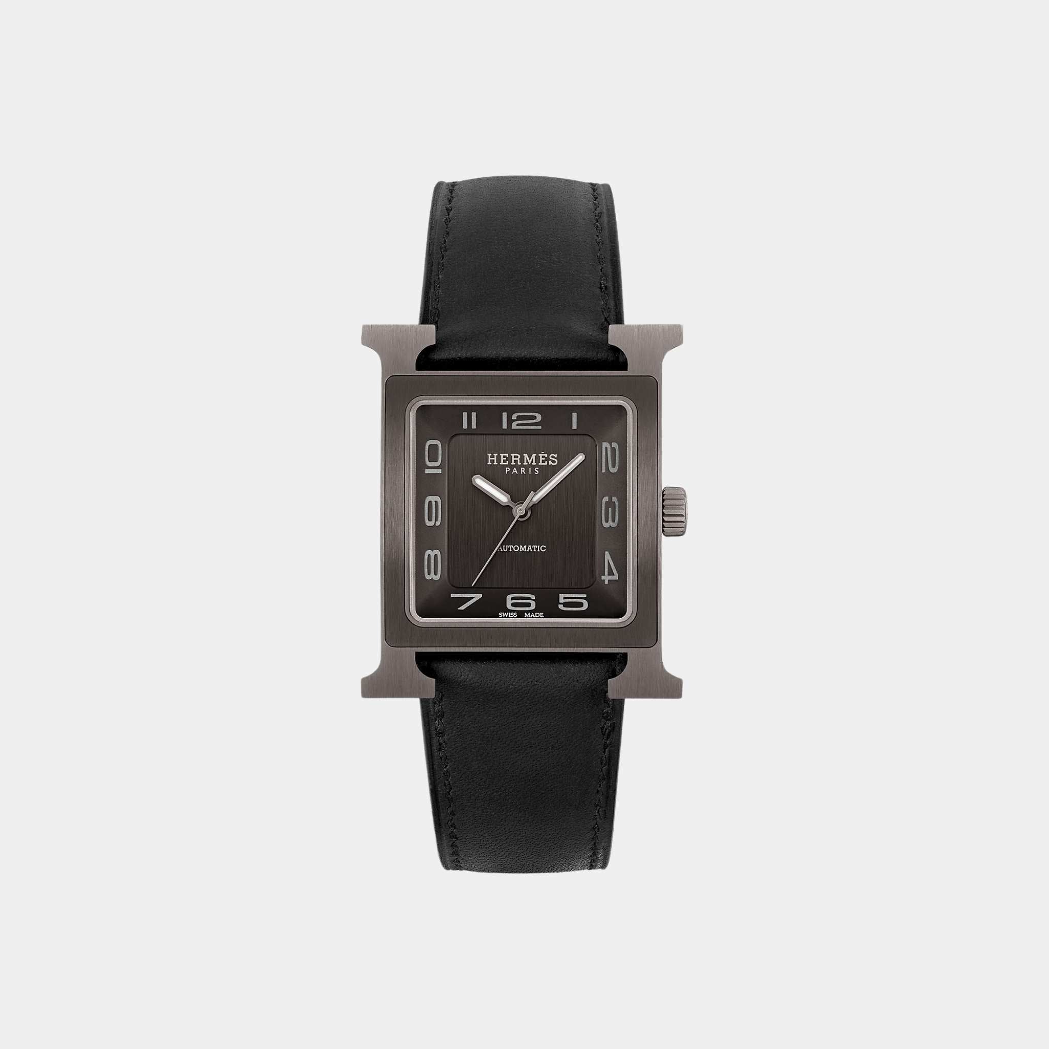 Hermes Heure H 34 mm Titanium Watch With Black Barenia Calfskin Strap, Front