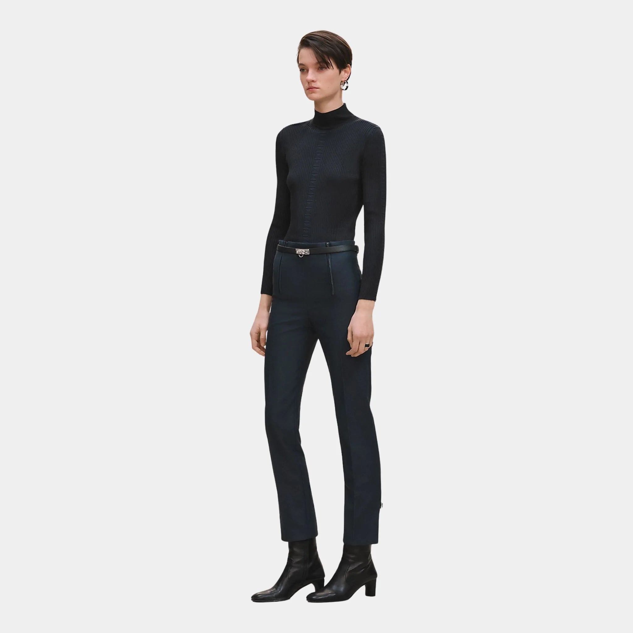 Hermes High-waisted Pants in Viscose and Stretch Wool, Bleu Celeste, Model, Front