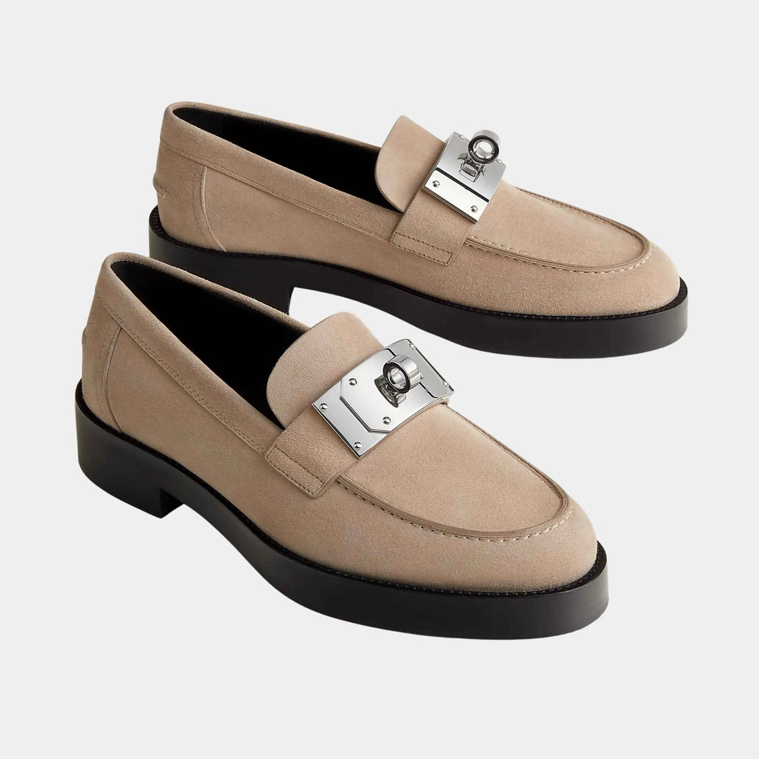 Hermes Hot Loafers in Suede Goatskin, Beige Camel, Front