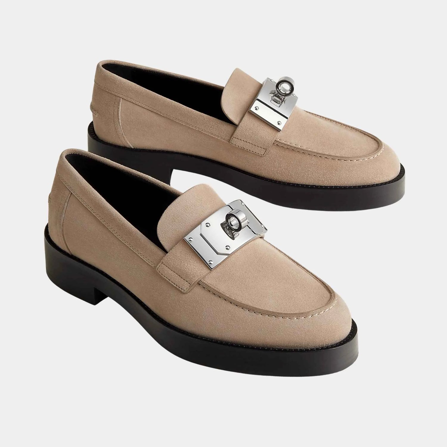 Hermes Hot Loafers in Suede Goatskin, Beige Camel, Front