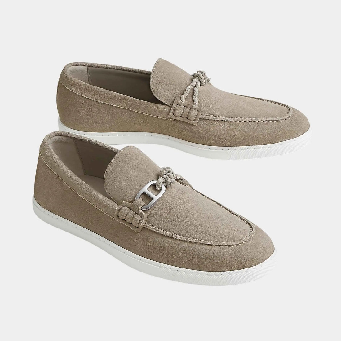 Hermes Ignacio Loafers in Suede Calfskin, Beige Galet, Front