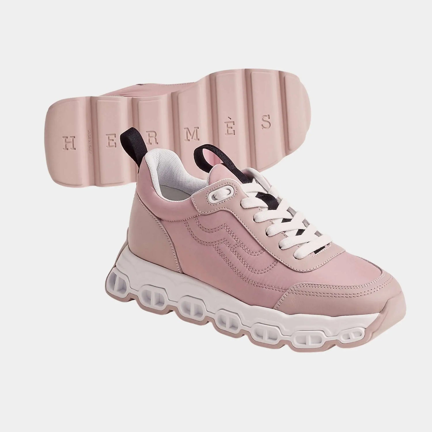 Hermes Impulse Sneakers in Parachute Fabric and Calfskin, Rose Porcelaine, Front