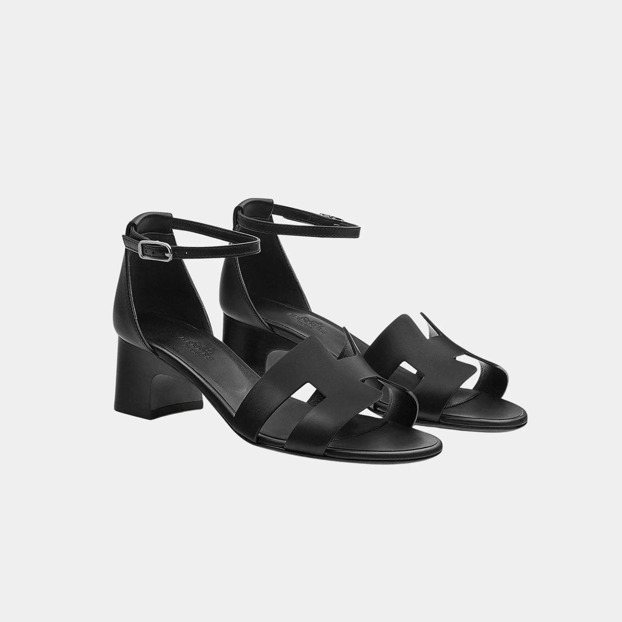 Hermes Incense 50 Heeled Sandals in Calfskin, Noir, Front