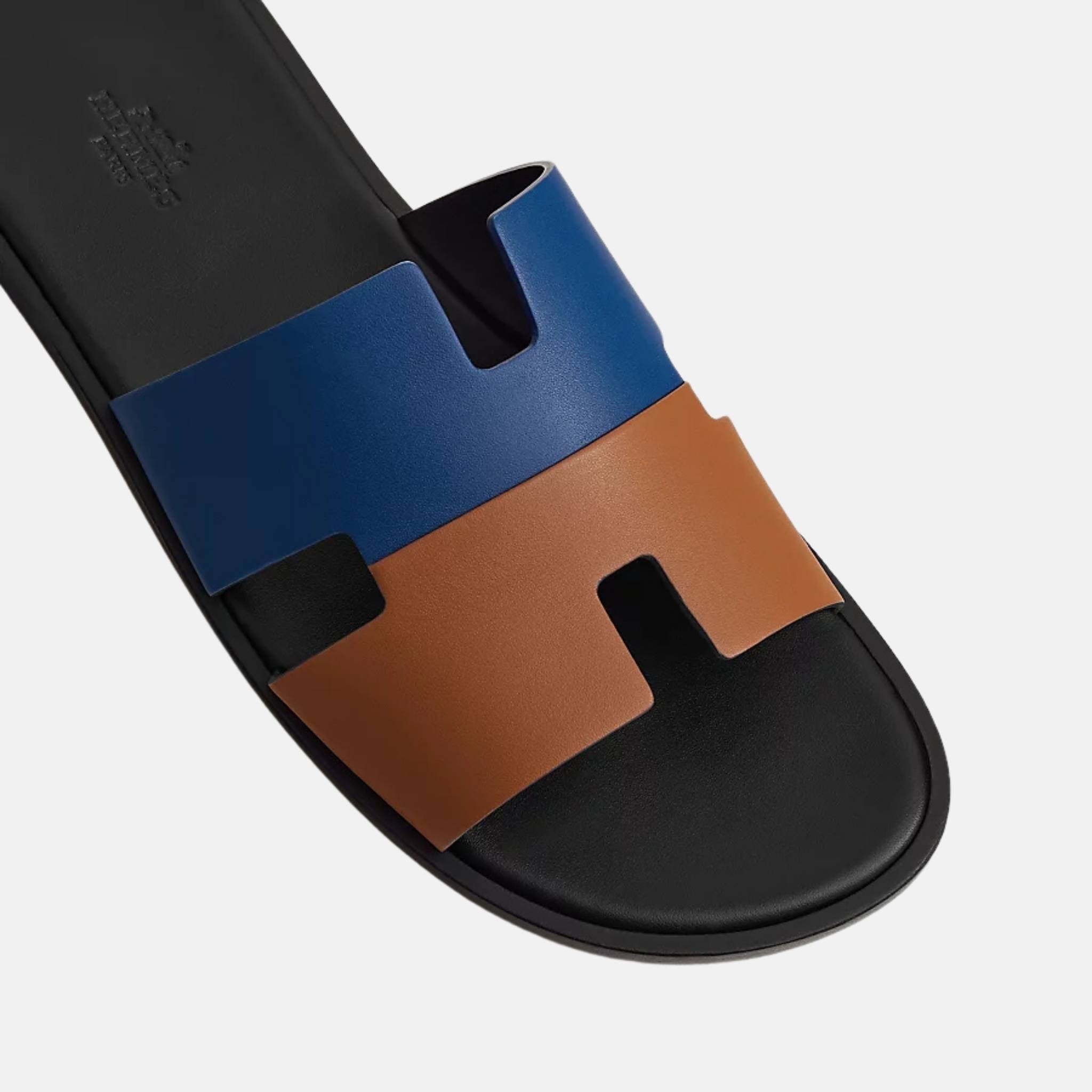 Hermes Izmir Sandal Duo Tone In Calfskin, Bleu Outremer Naturel, Top