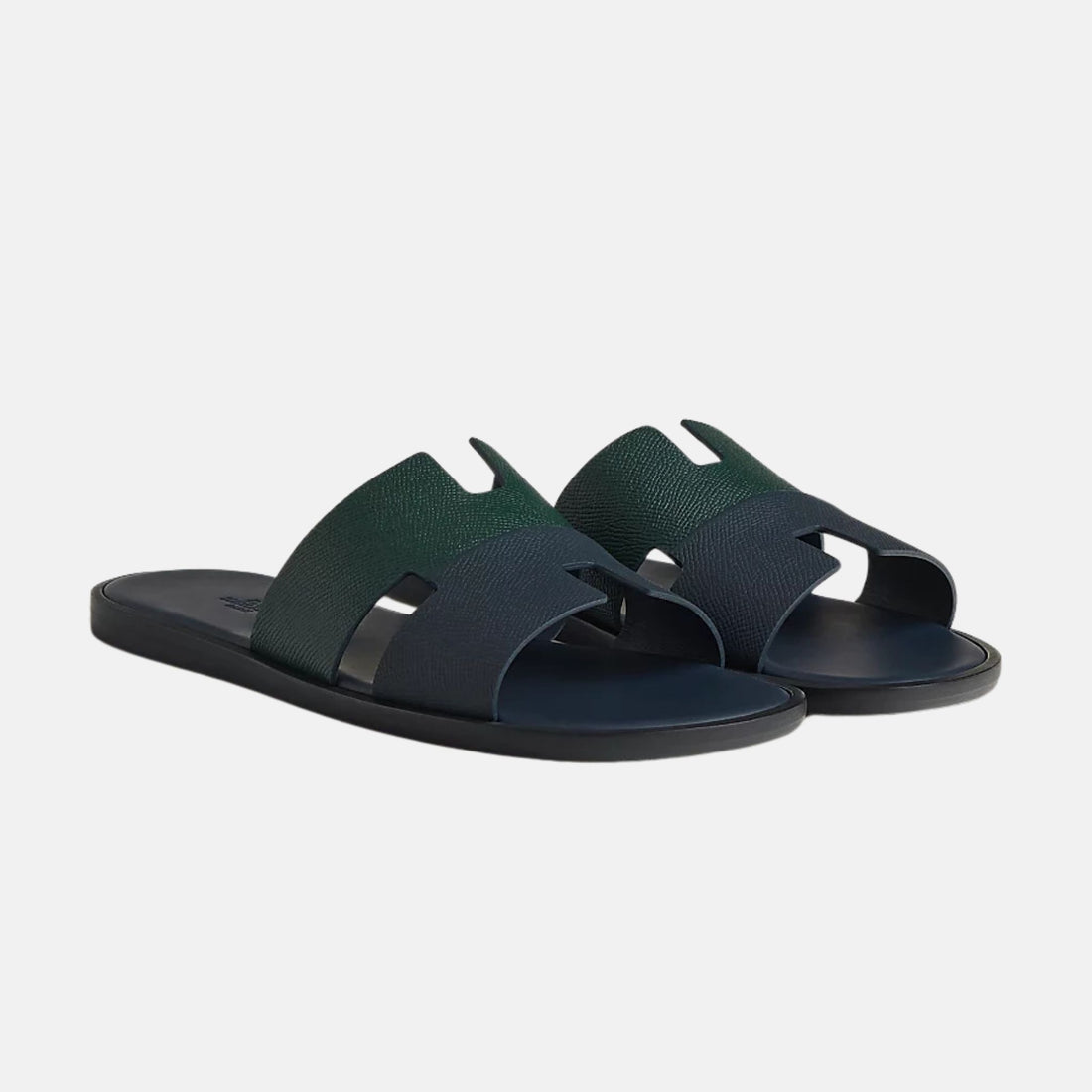 Hermes Izmir Sandal Duo Tone In Epsom Calfskin, Vert Fonce, Marine, Front
