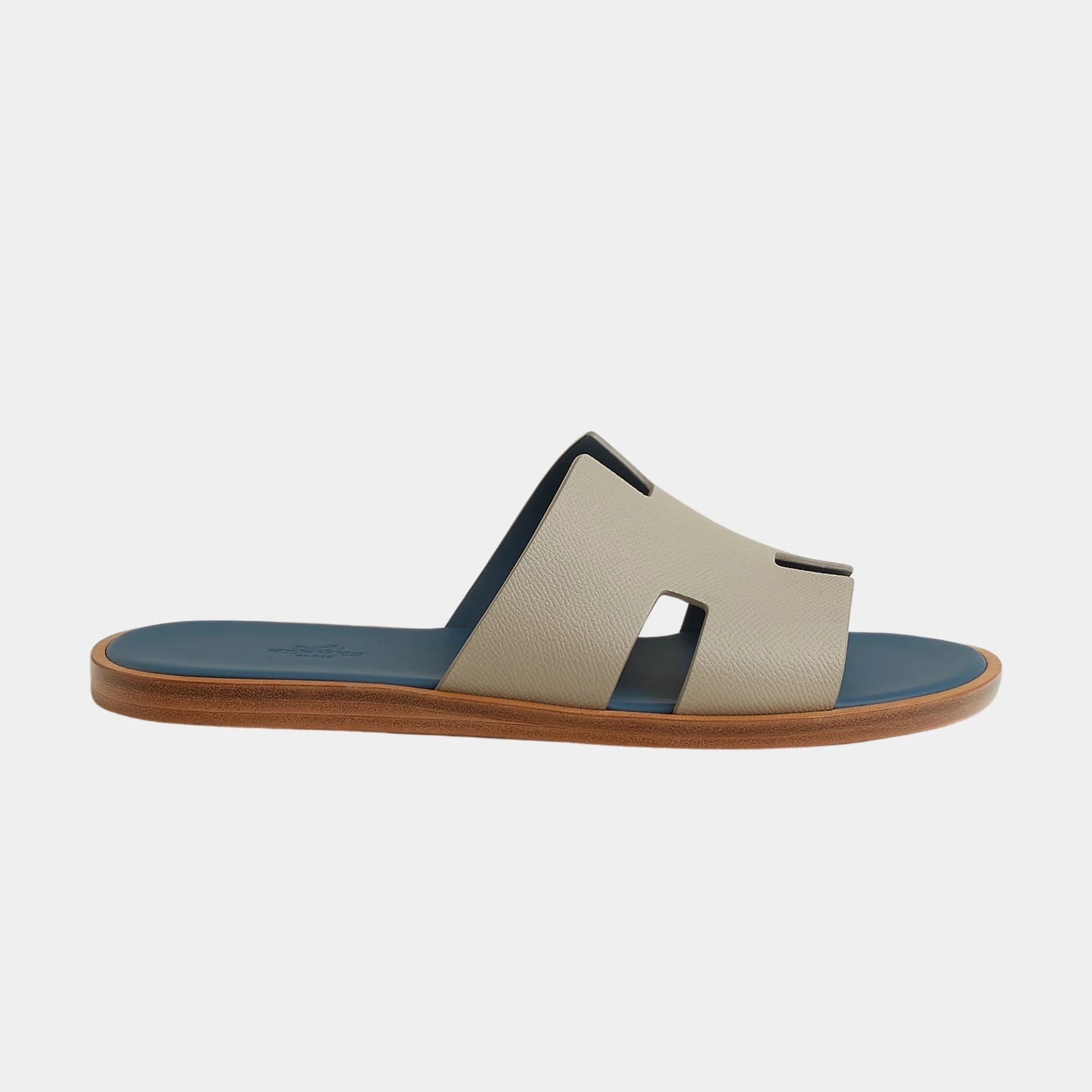 Hermes Izmir Sandal in Epsom Calfskin, Beige Esquisse, Bleu Turquin, Side