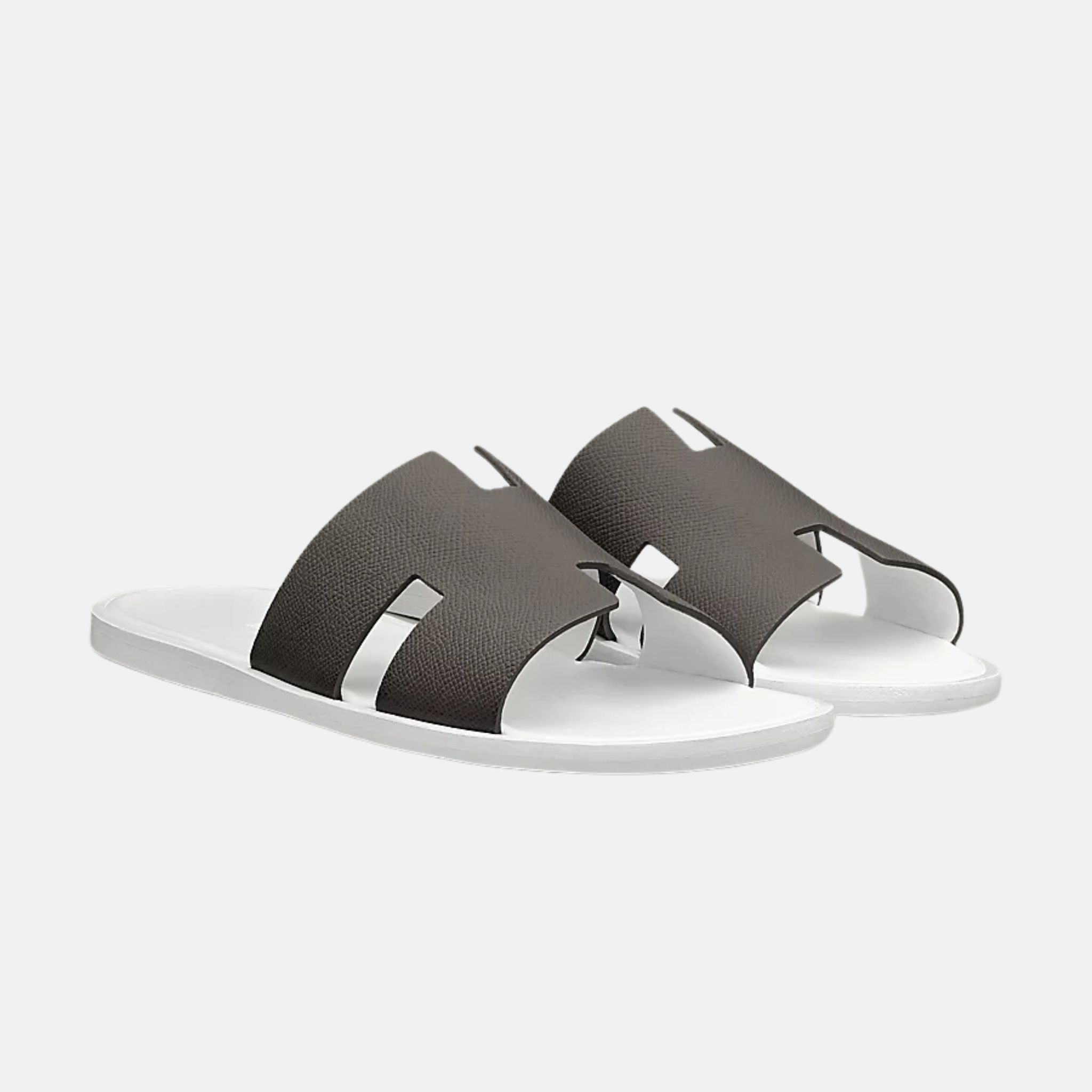 Hermes Izmir Sandal in Epsom Calfskin, Gris Fonce, Blanc, Front