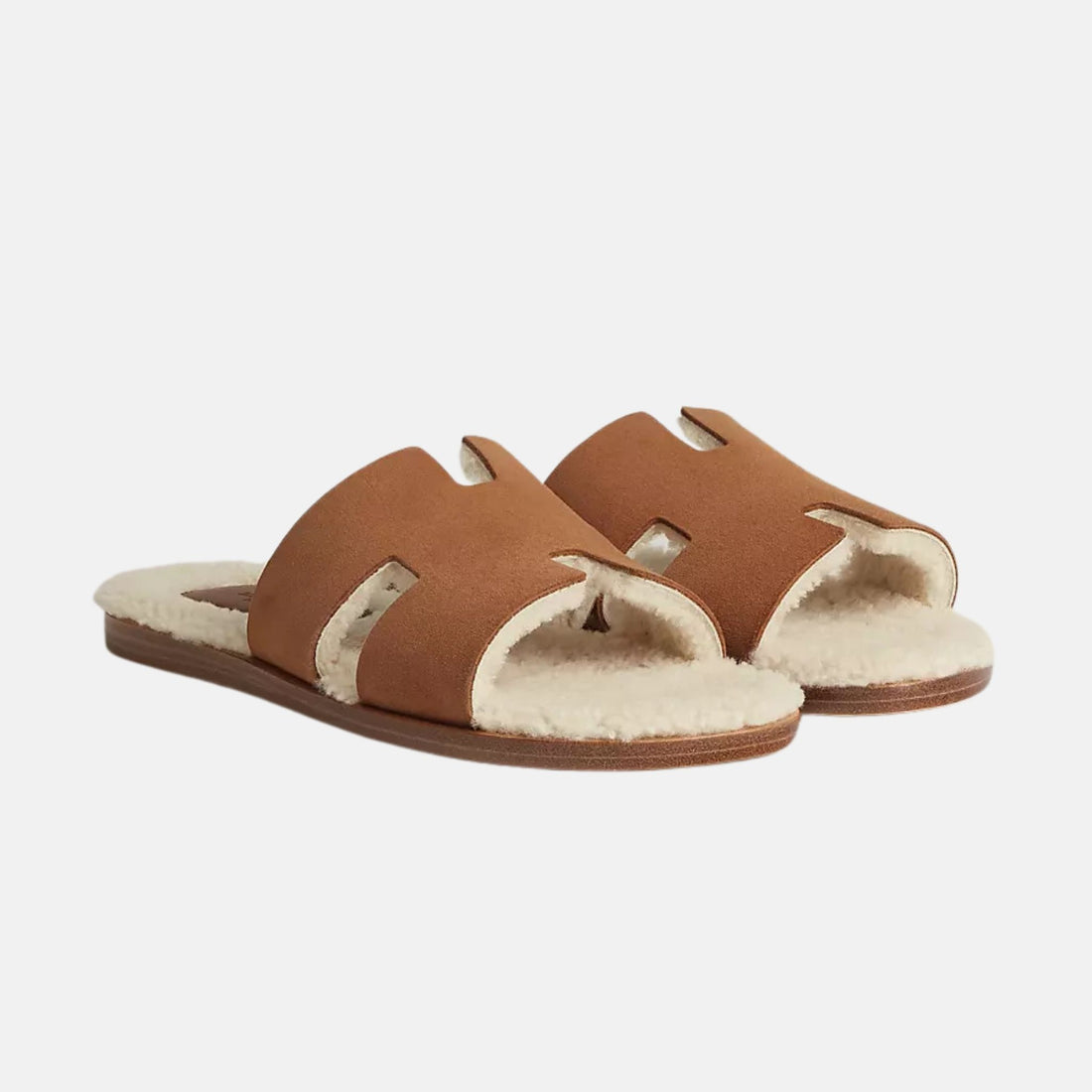 Hermes Izmir Sandal In Suede Goatskin And Woolskin,  Marron Teck Ecru, Front