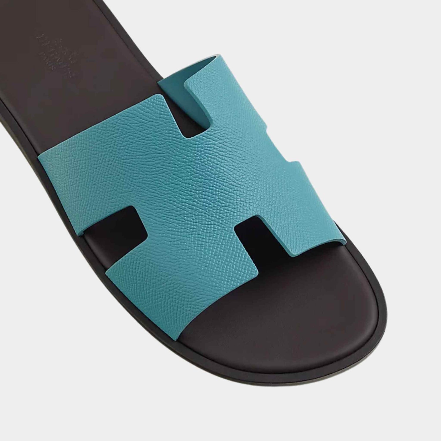 Hermes Izmir Sandals Mineral Blue Ebony Brown, Top Closeup view