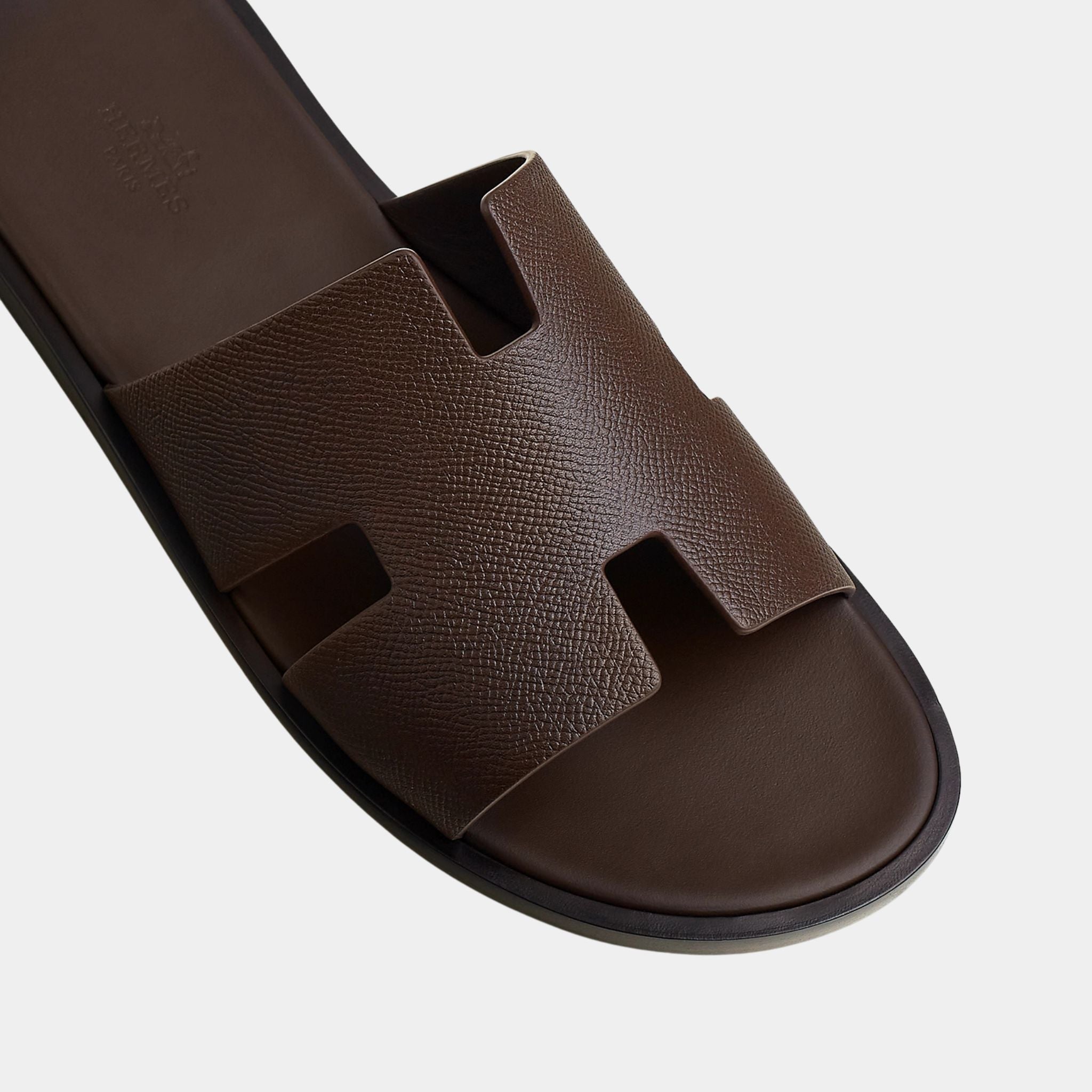 Hermes Izmir Sandals Shiny Grained Calfskin, Marron Pecan, Marron Ebene, Top