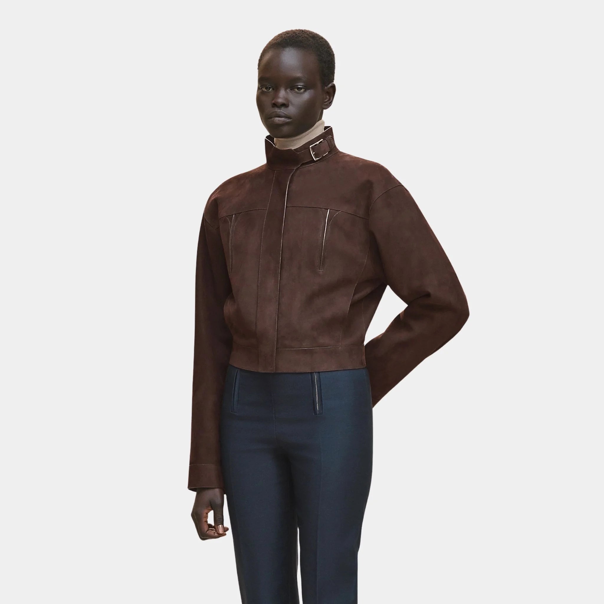 Hermes Jacket in Nubuck Calfskin, Marron Ebene, Front