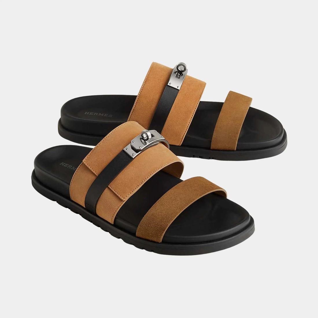 Hermes Jackson Sandals in Suede Goatskin And Calfskinm, Multicolor Brun Fume, Front
