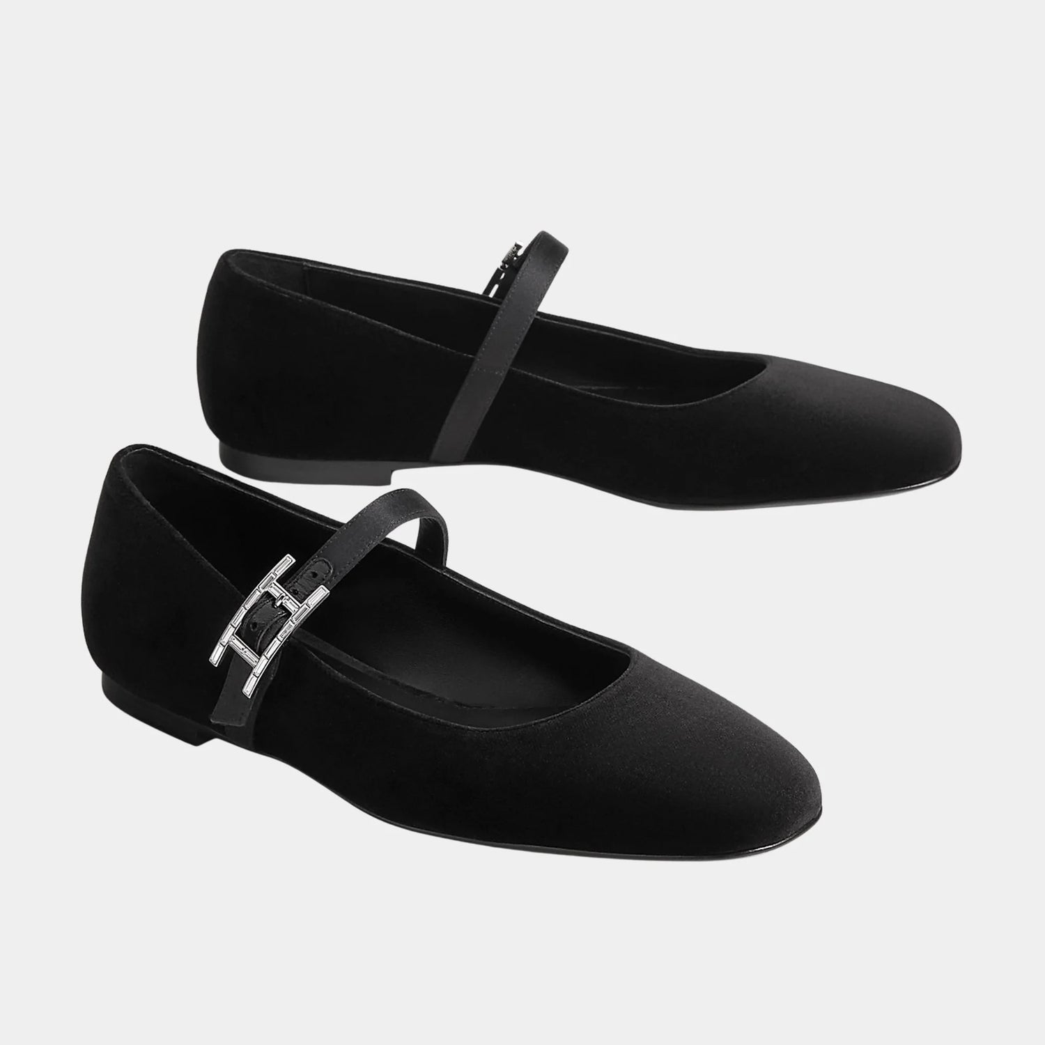 Hermes Jane Ballerinas in Velvet and Satin Fabric, Noir, Front