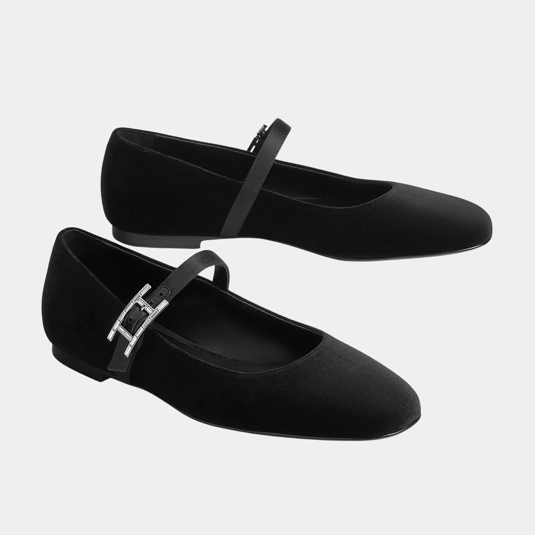 Hermes Jane Ballerinas in Velvet and Satin Fabric, Noir, Front