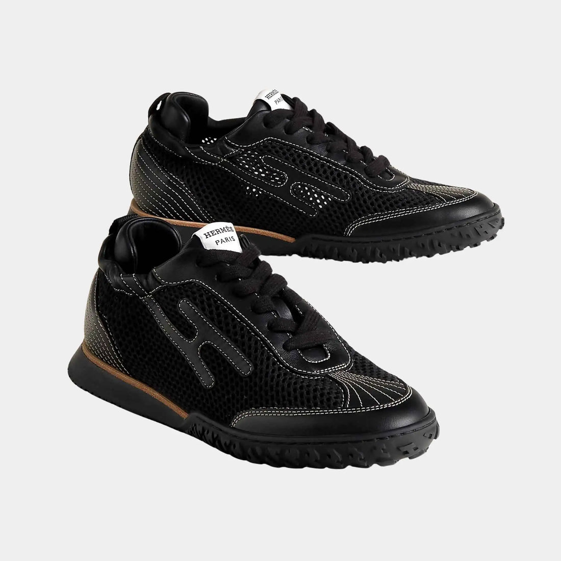 Hermes Jet Sneakers in Crochet Knit and Nappa Leather, Noir, Front
