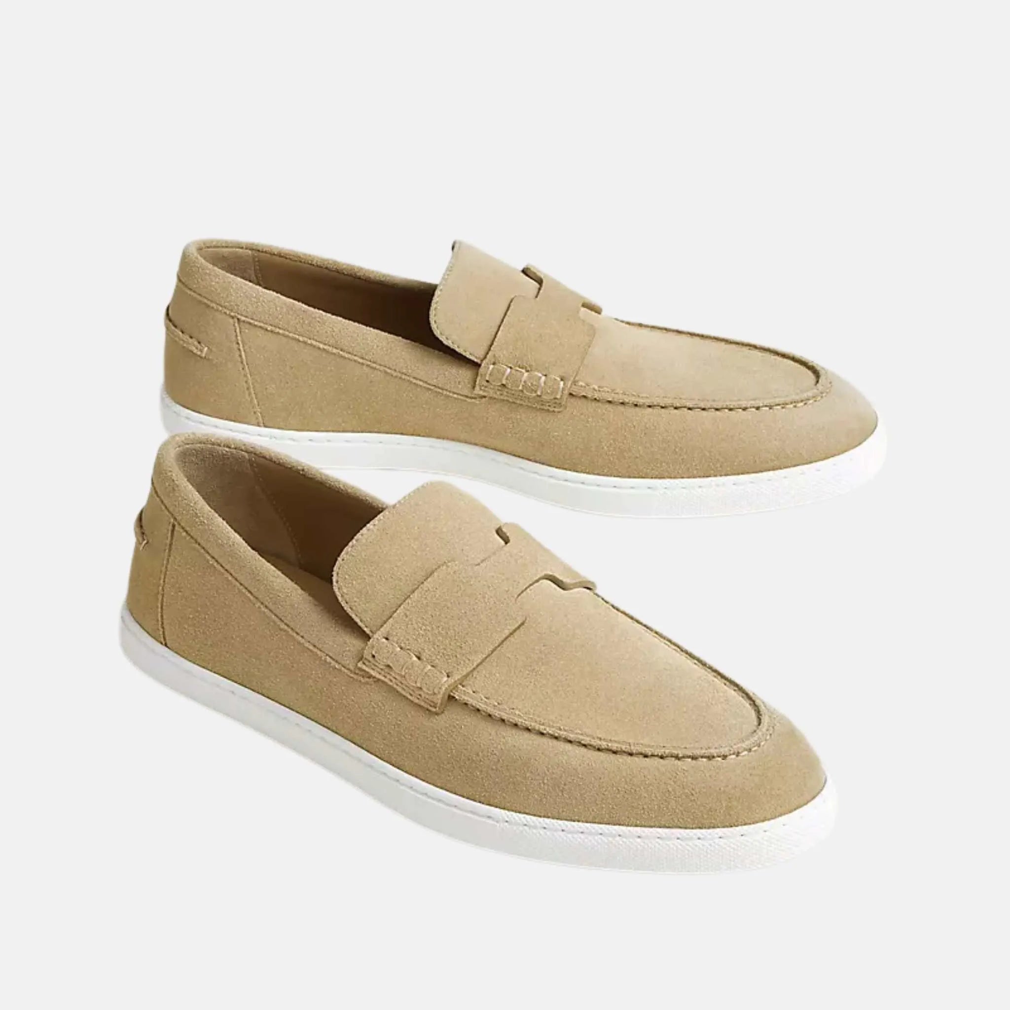 Hermes Job Loafer Suede Calfskin, Beige Albatre, Side &amp; Front