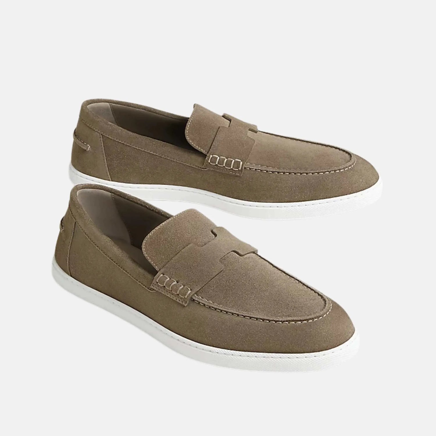 Hermes Job Loafer Suede Calfskin, Etoupe, Side &amp; Front