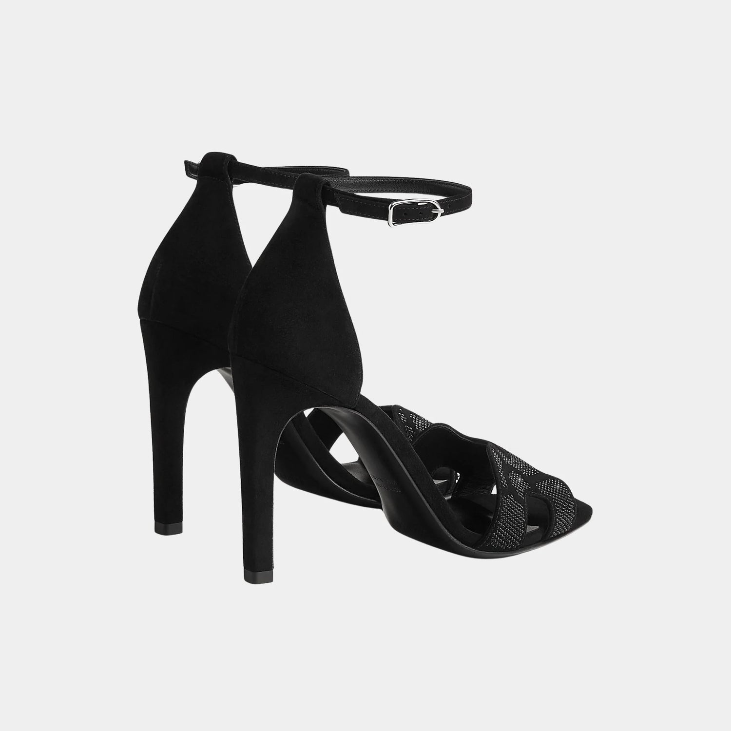 Hermes Joy 105 Heeled Sandals in Suede Goatskin with Rhinestone, Noir, Back
