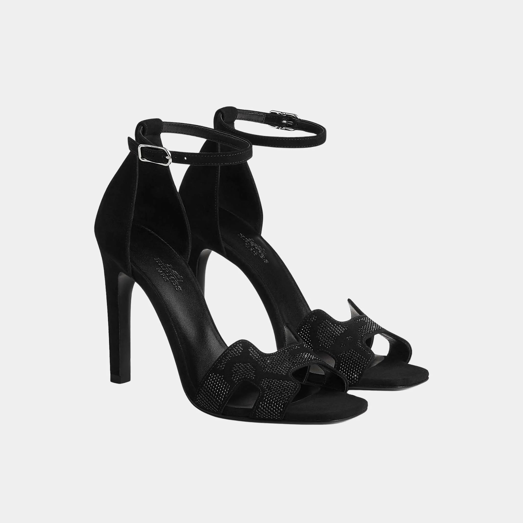 Hermes Joy 105 Heeled Sandals in Suede Goatskin with Rhinestone, Noir, Front