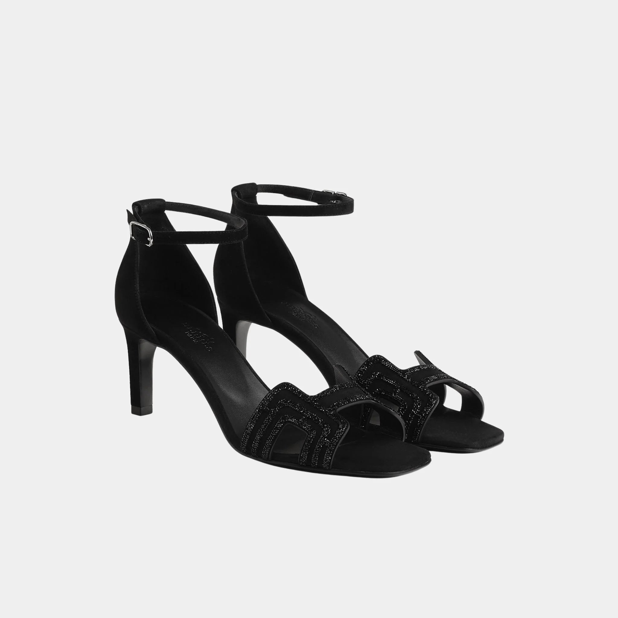 Hermes Joy 70 Heelede Sandal in Suede with Arcane Motif, Noir, Front