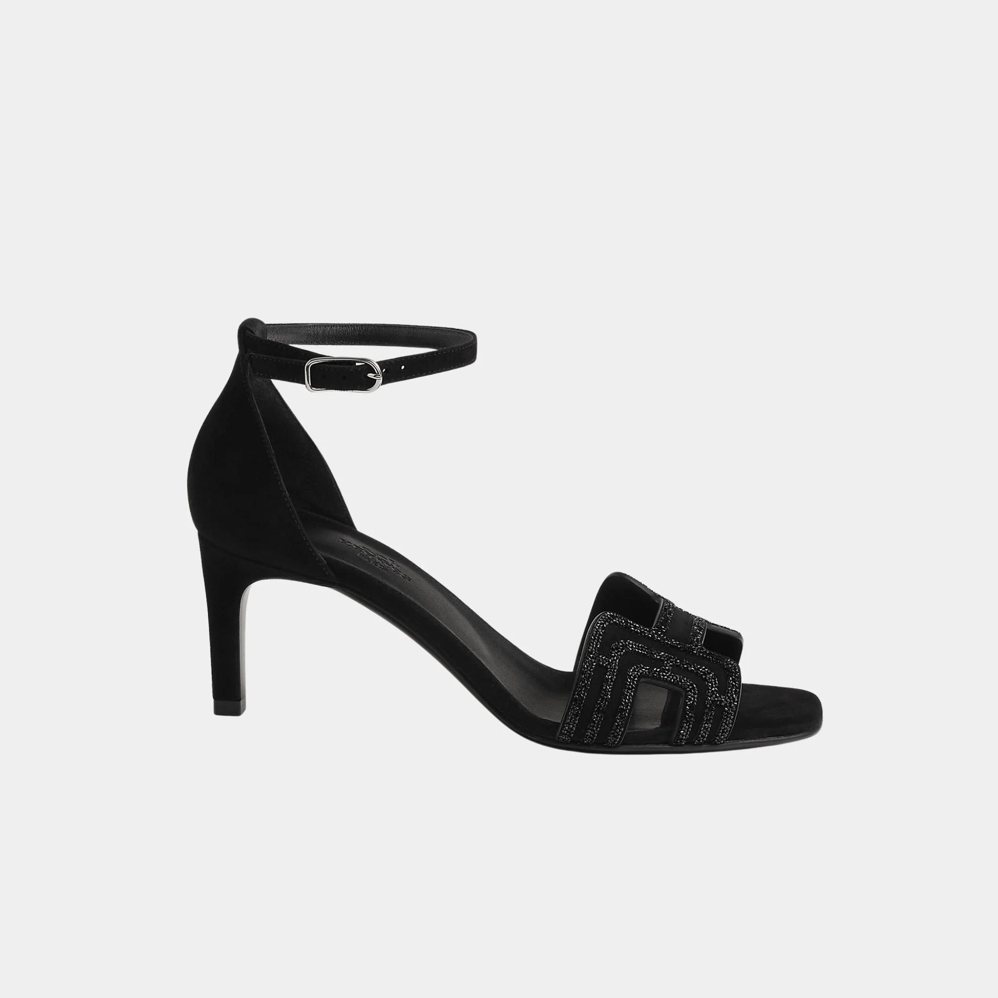 Hermes Joy 70 Heelede Sandal in Suede with Arcane Motif, Noir, Side