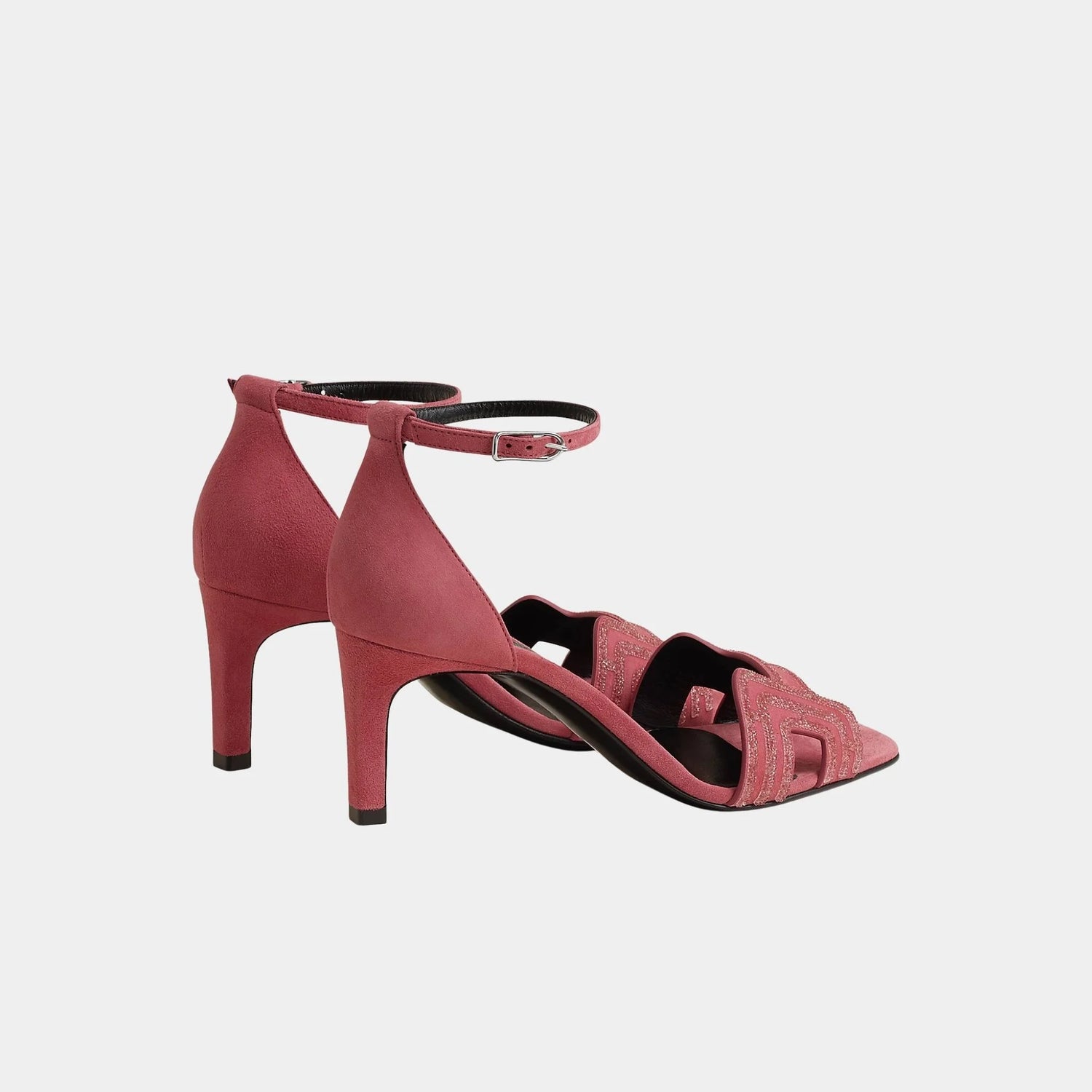 Hermes Joy 70 Heelede Sandal in Suede with Arcane Motif, Rose Amarante, Back