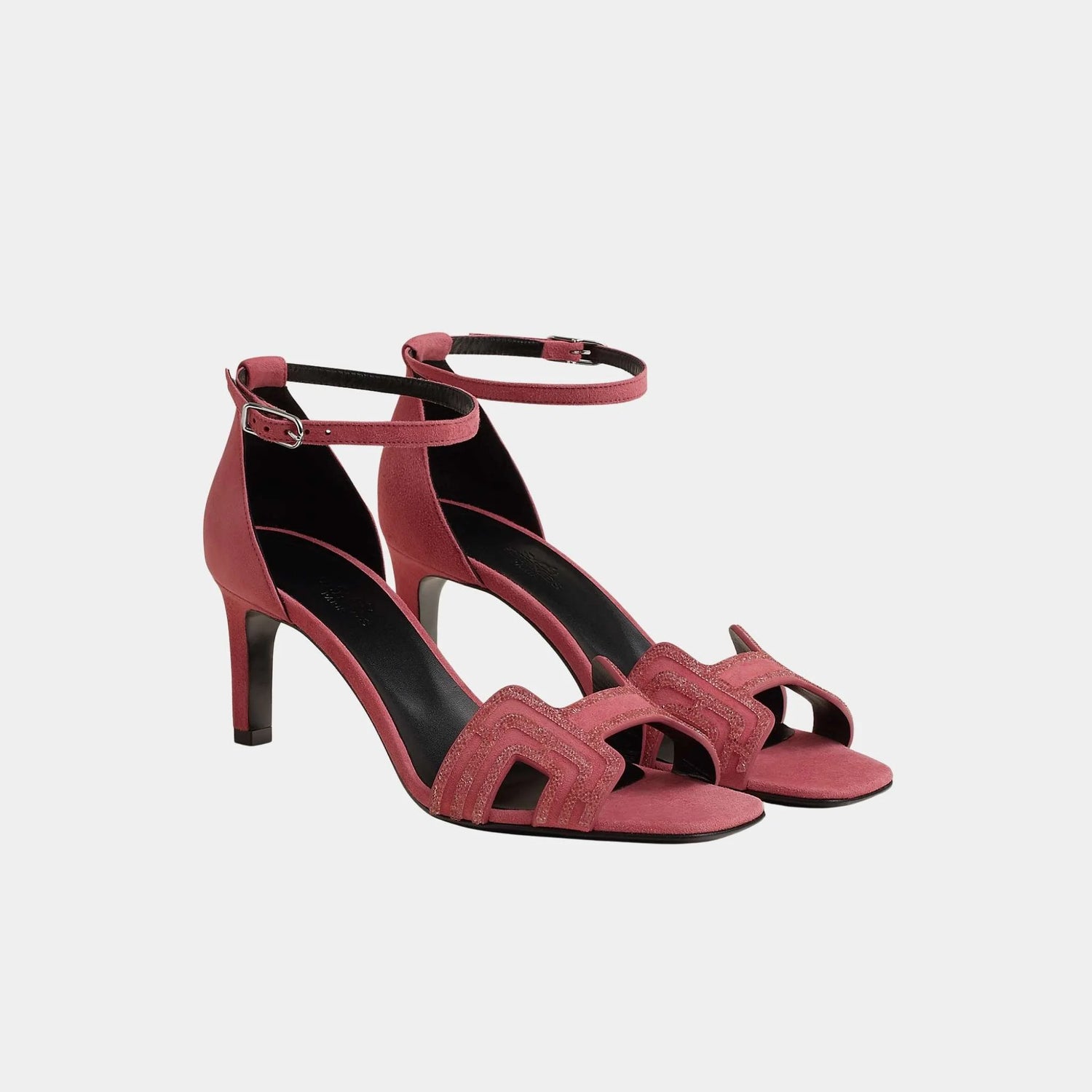 Hermes Joy 70 Heelede Sandal in Suede with Arcane Motif, Rose Amarante, Front