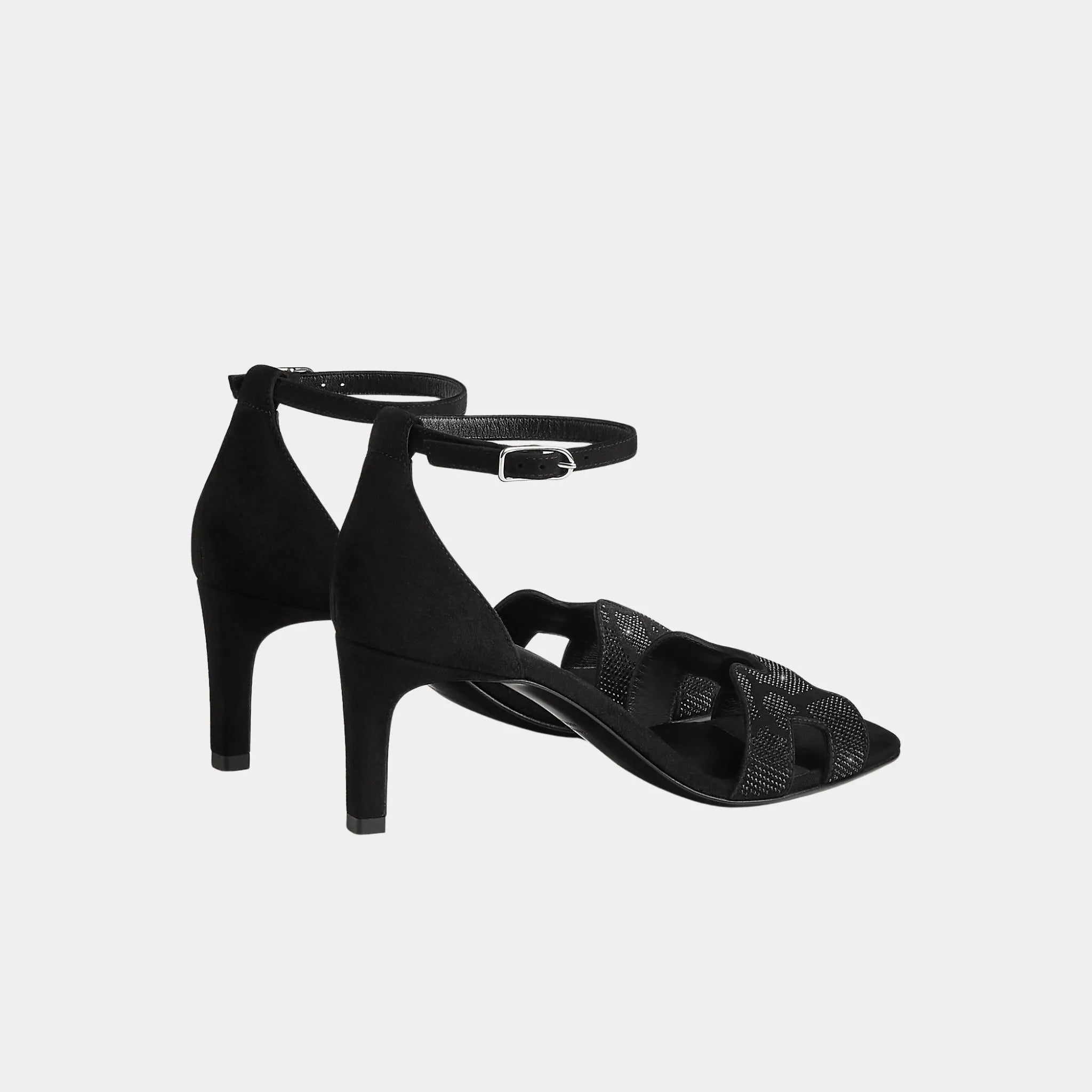 Hermes Joy 70 Heeled Sandals Suede Goatskin with Rhinestones, Noir, Back