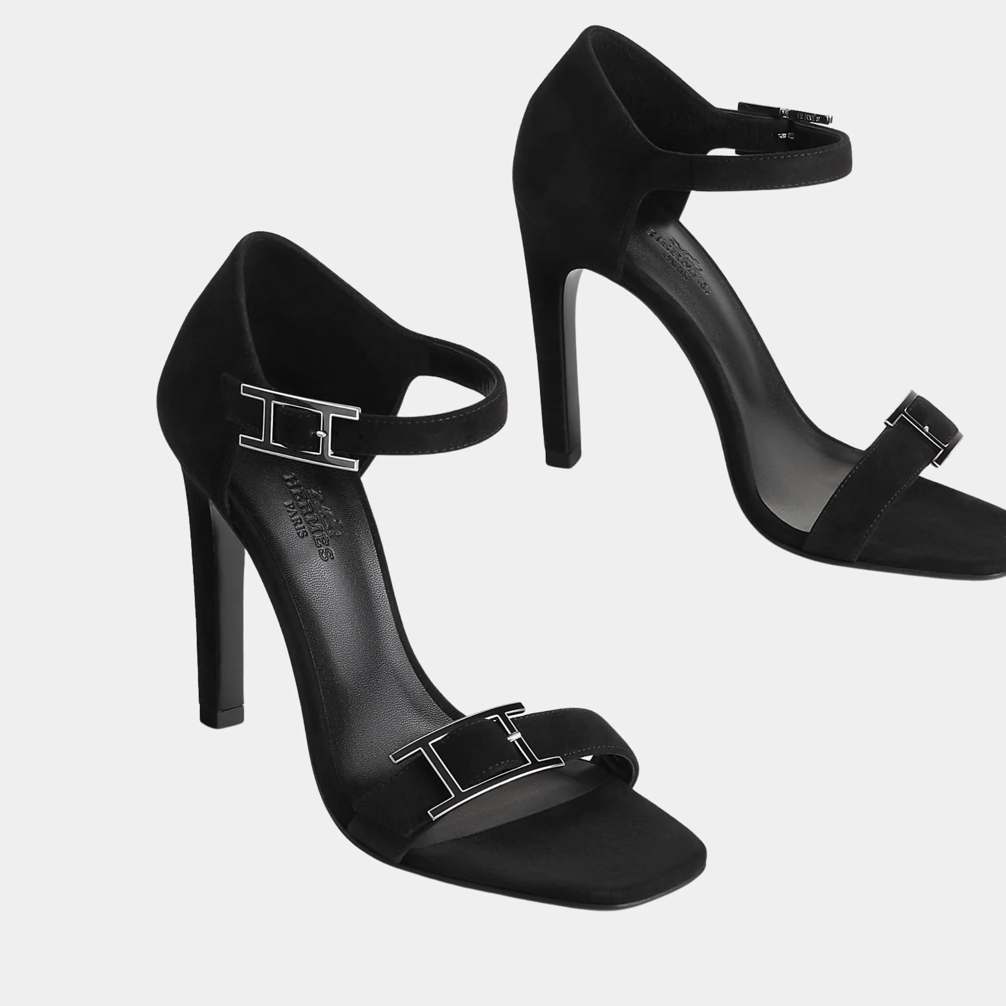 Hermes Judy 105 Sandals in Suede Goatskin, Noir, Front