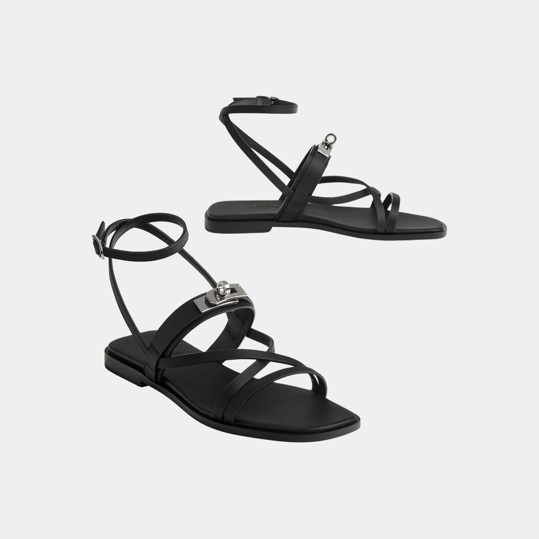 Hermes June Sandals with Straps in Calfskin, Noir, Front