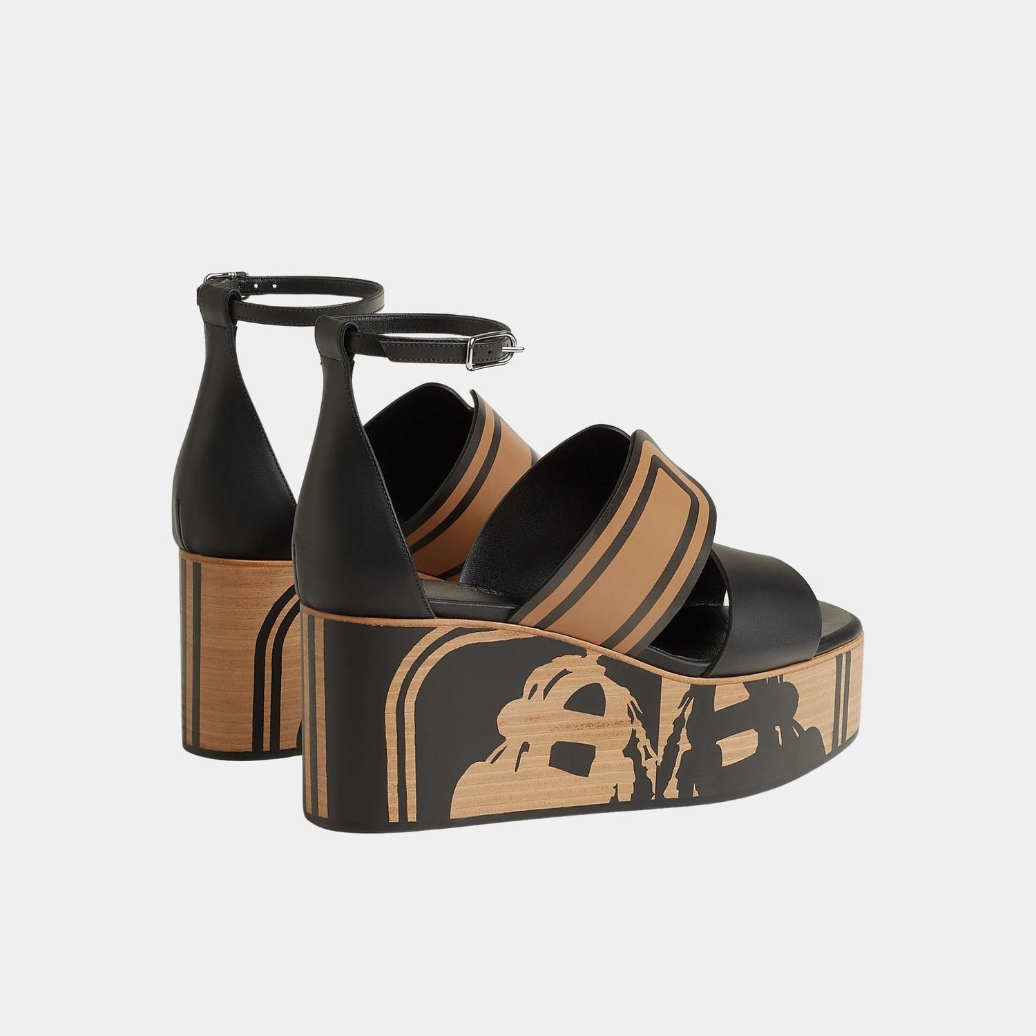 Hermes Kalis 35 Wedge Sandals in Calfskin, Naturel, Noir, Back