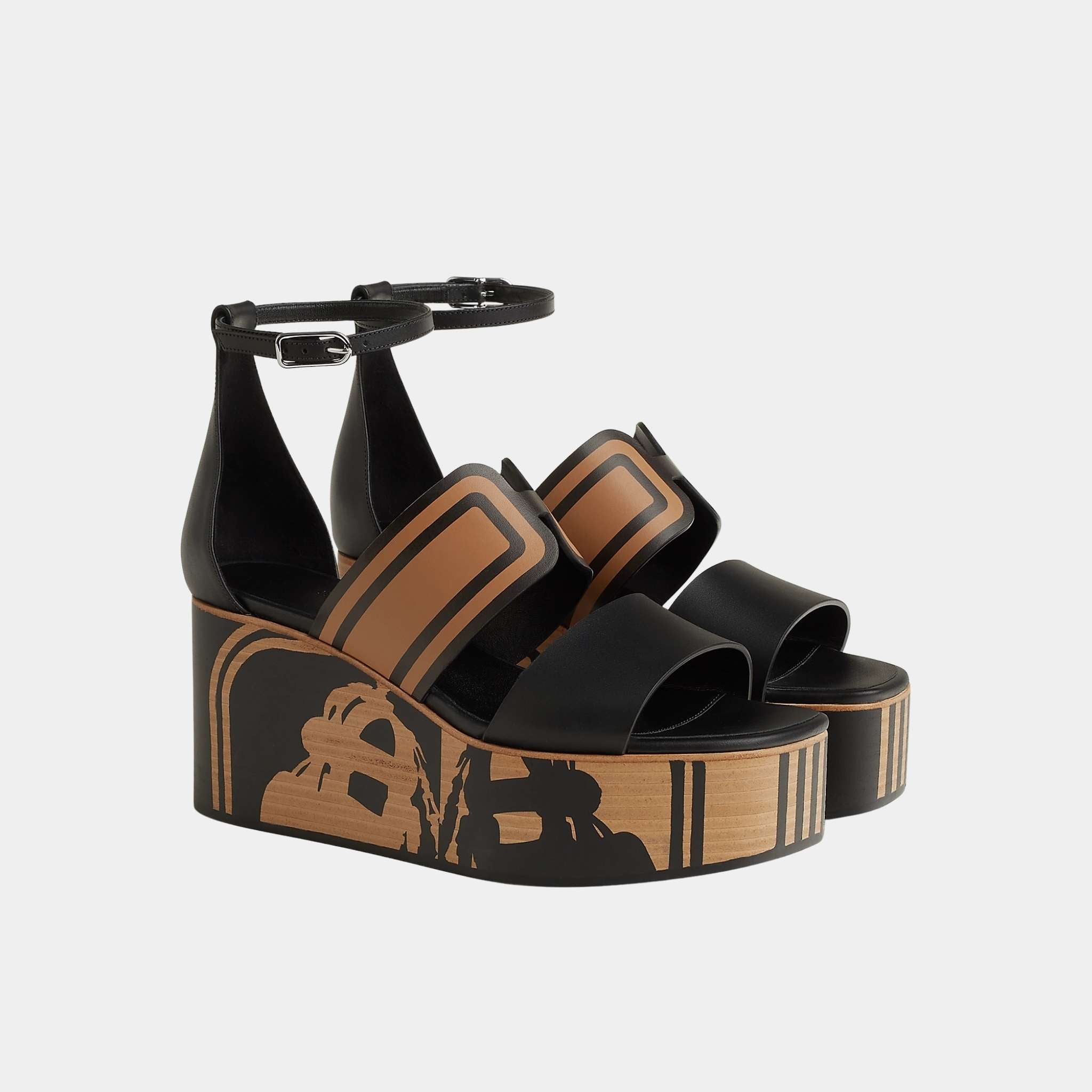 Hermes Kalis 35 Wedge Sandals in Calfskin, Naturel, Noir, Front