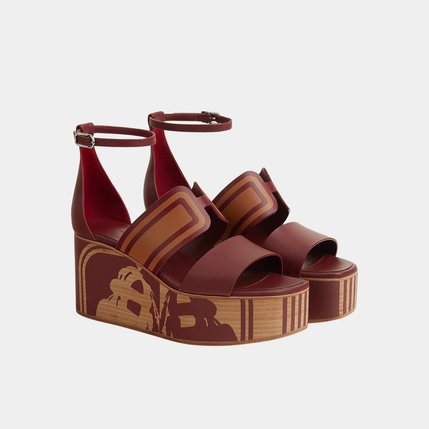 Hermes Kalis 35 Wedge Sandals in Calfskin, Rouge H, Naturel, Front