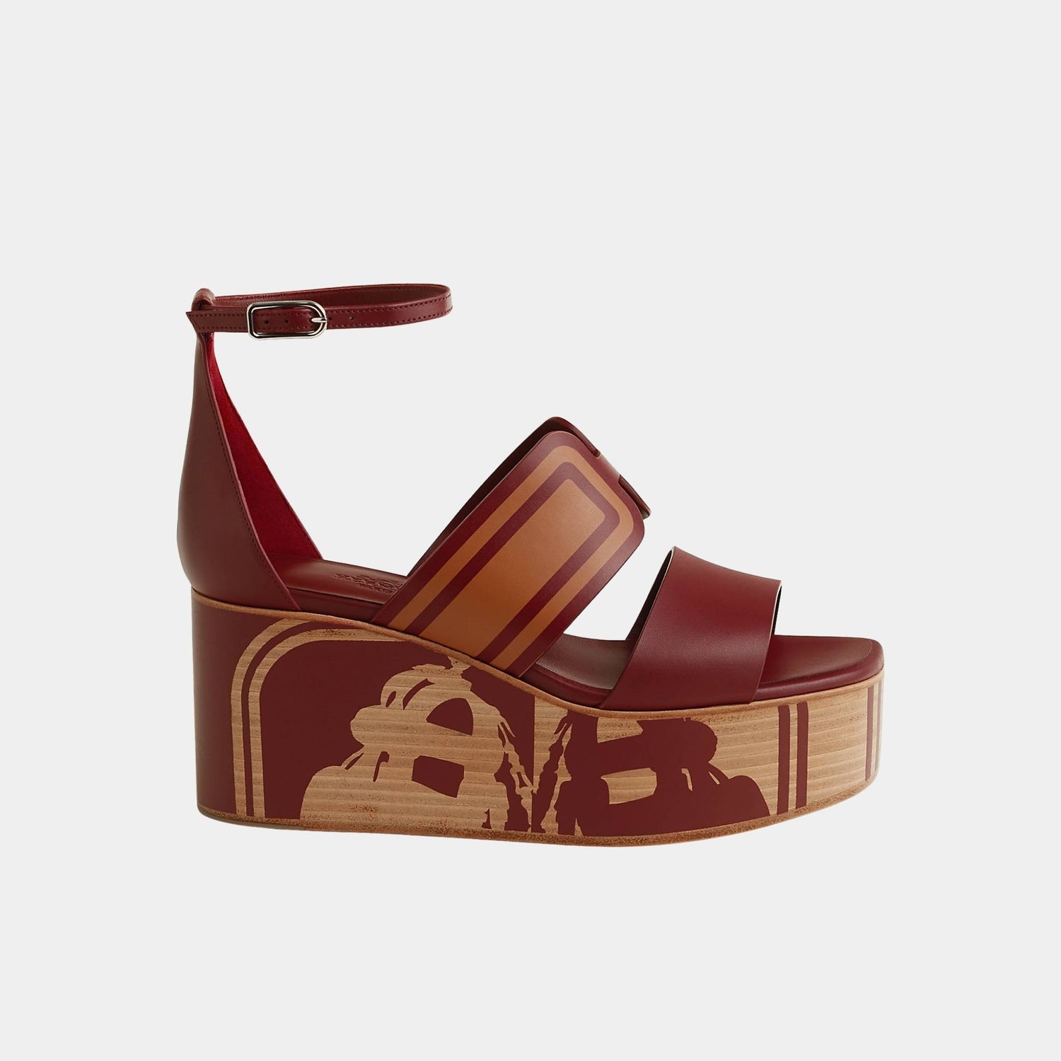 Hermes Kalis 35 Wedge Sandals in Calfskin, Rouge H, Naturel, Side