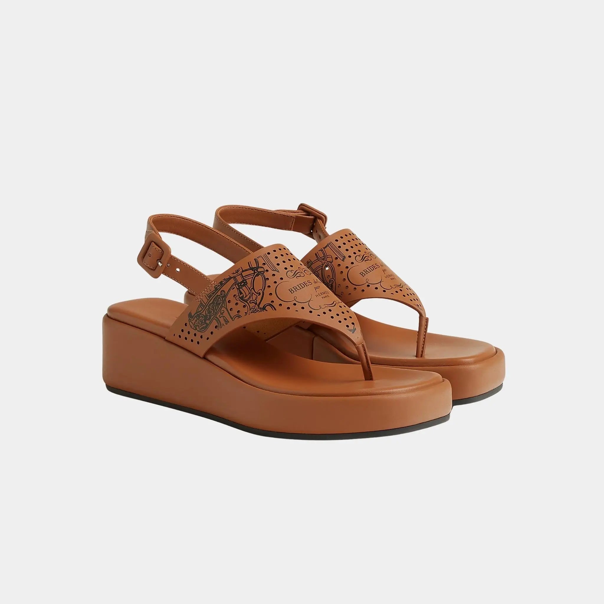 Hermes Karima Sandals in Printed Cafskin, Naturel, Noir, Front
