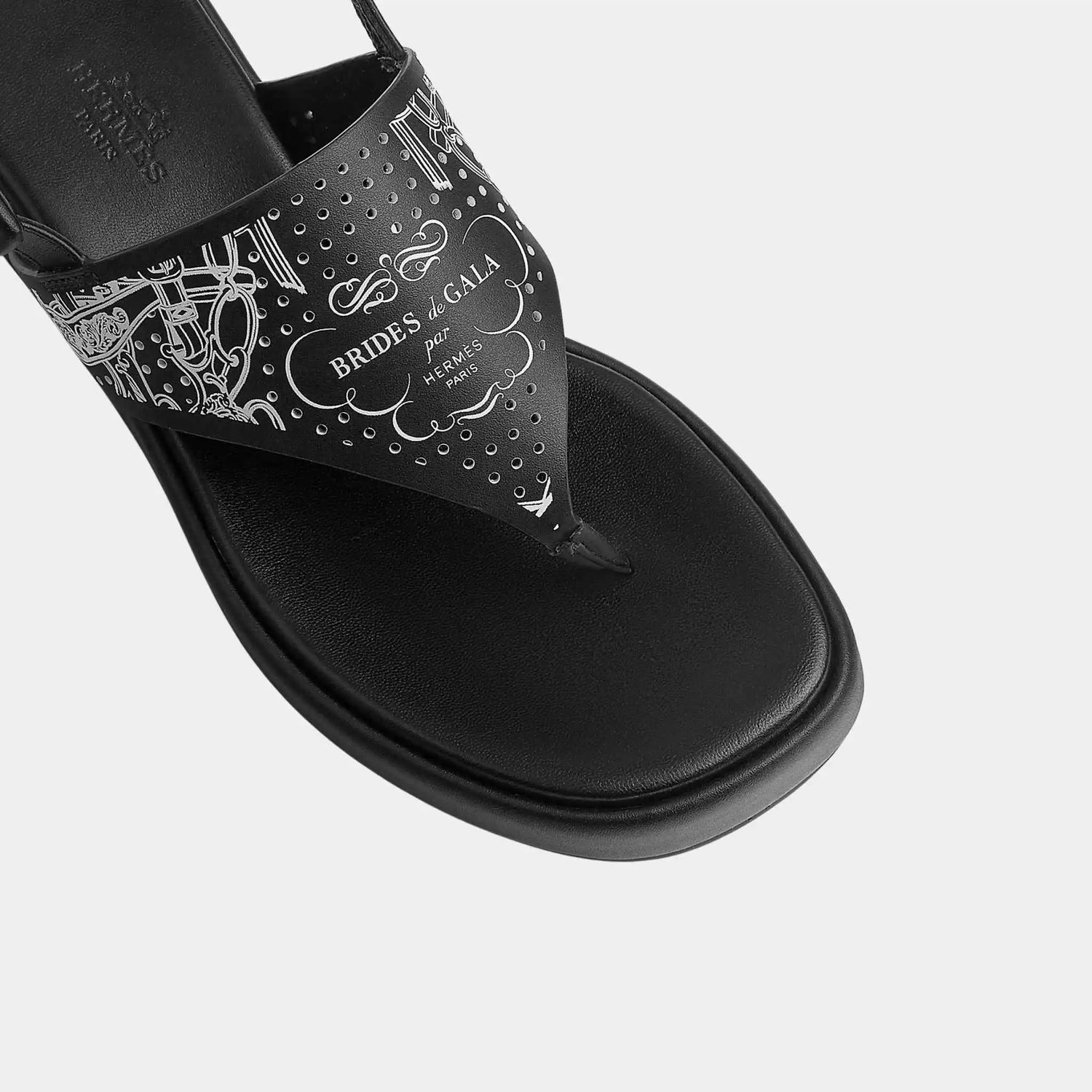 Hermes Karima Sandals in Printed Cafskin, Noir, Blanc, Top