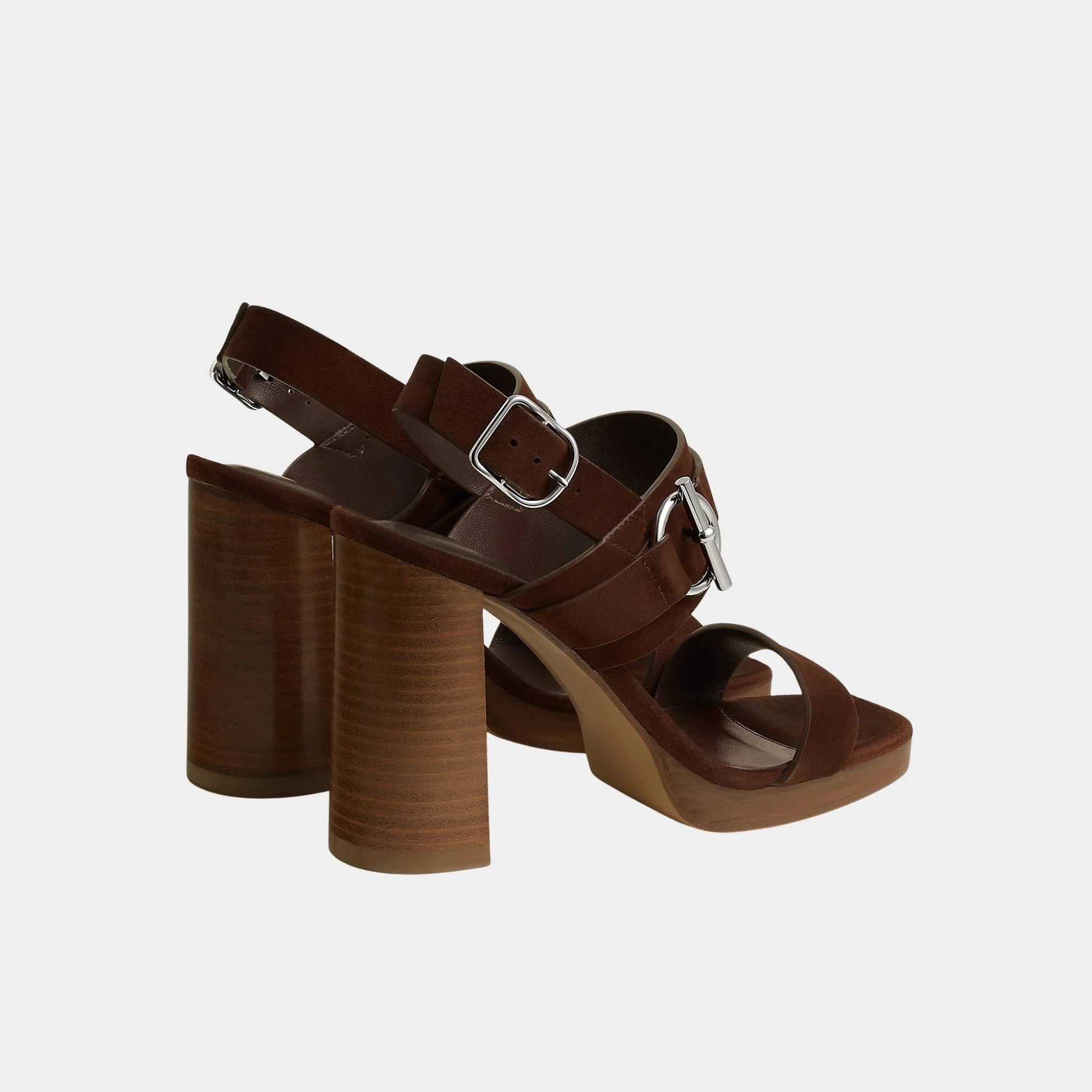 Hermes Keen 90 Heeled Sandals in Suede Goatskin, Chocolate, Back