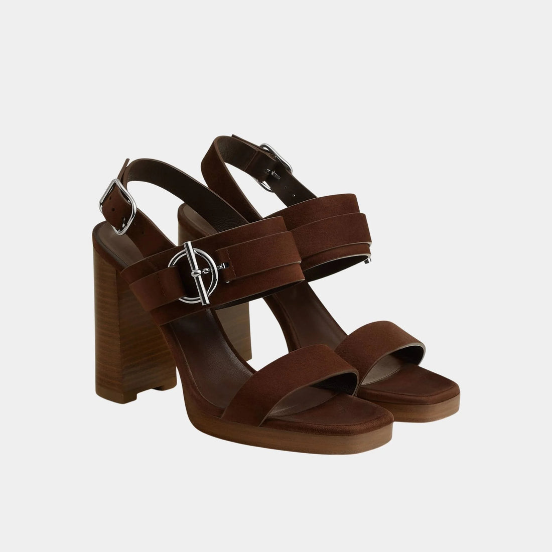 Hermes Keen 90 Heeled Sandals in Suede Goatskin, Chocolate, Front