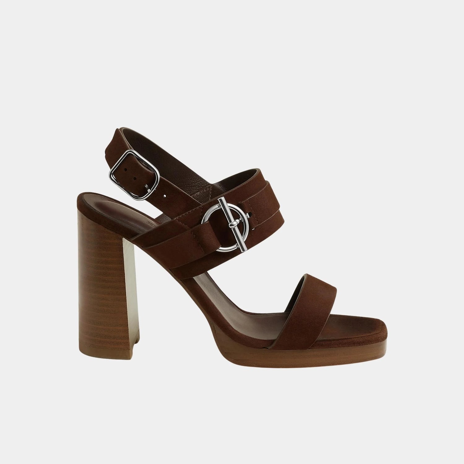 Hermes Keen 90 Heeled Sandals in Suede Goatskin, Chocolate, Side