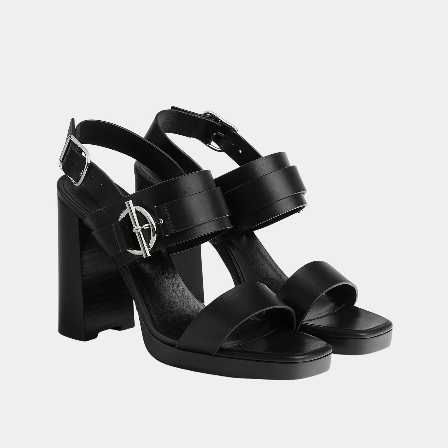 Hermes Keen 90 High Heel Sandal in Calfskin, Noir, Front